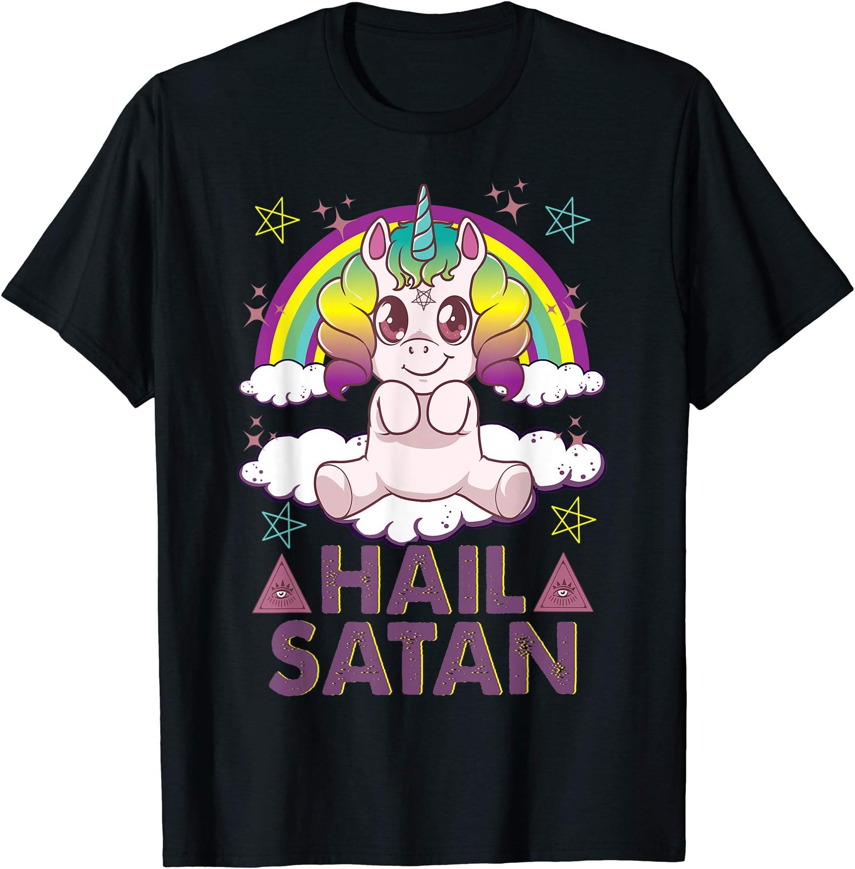 Cute & Funny Satanic Unicorn Puns And GiftsHail Satan Unicorn Cute Rainbow Heavy Metal Satanic Pun T-Shirt