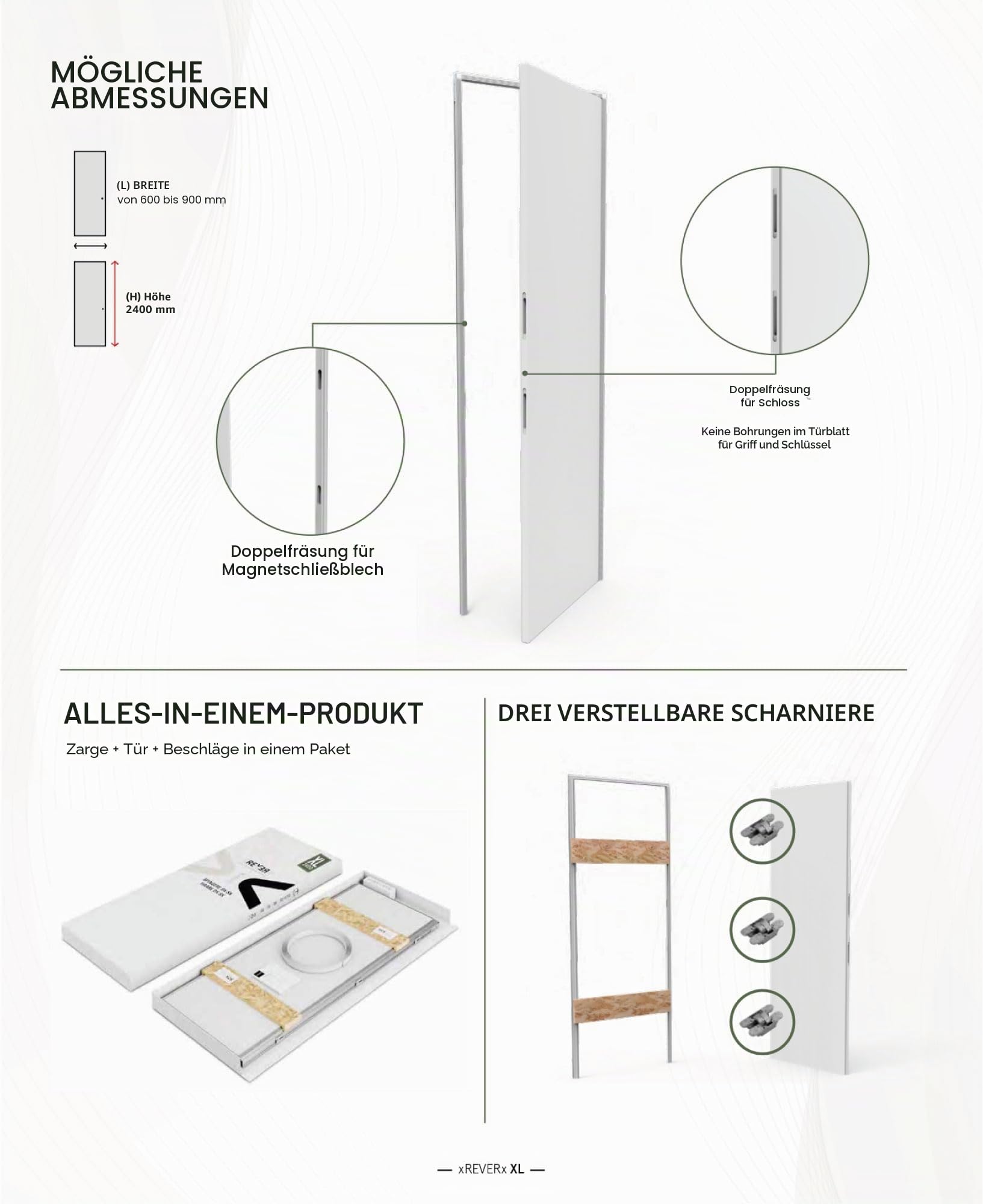 XREVERX XL Wanddrahthalter Höhe 2,40 m Wendbarer Flügel, Rahmen und Tür personalisierbar, Öffnung rechts/links, Standardmaße (weiß (lackierbar), 80 x 240 cm