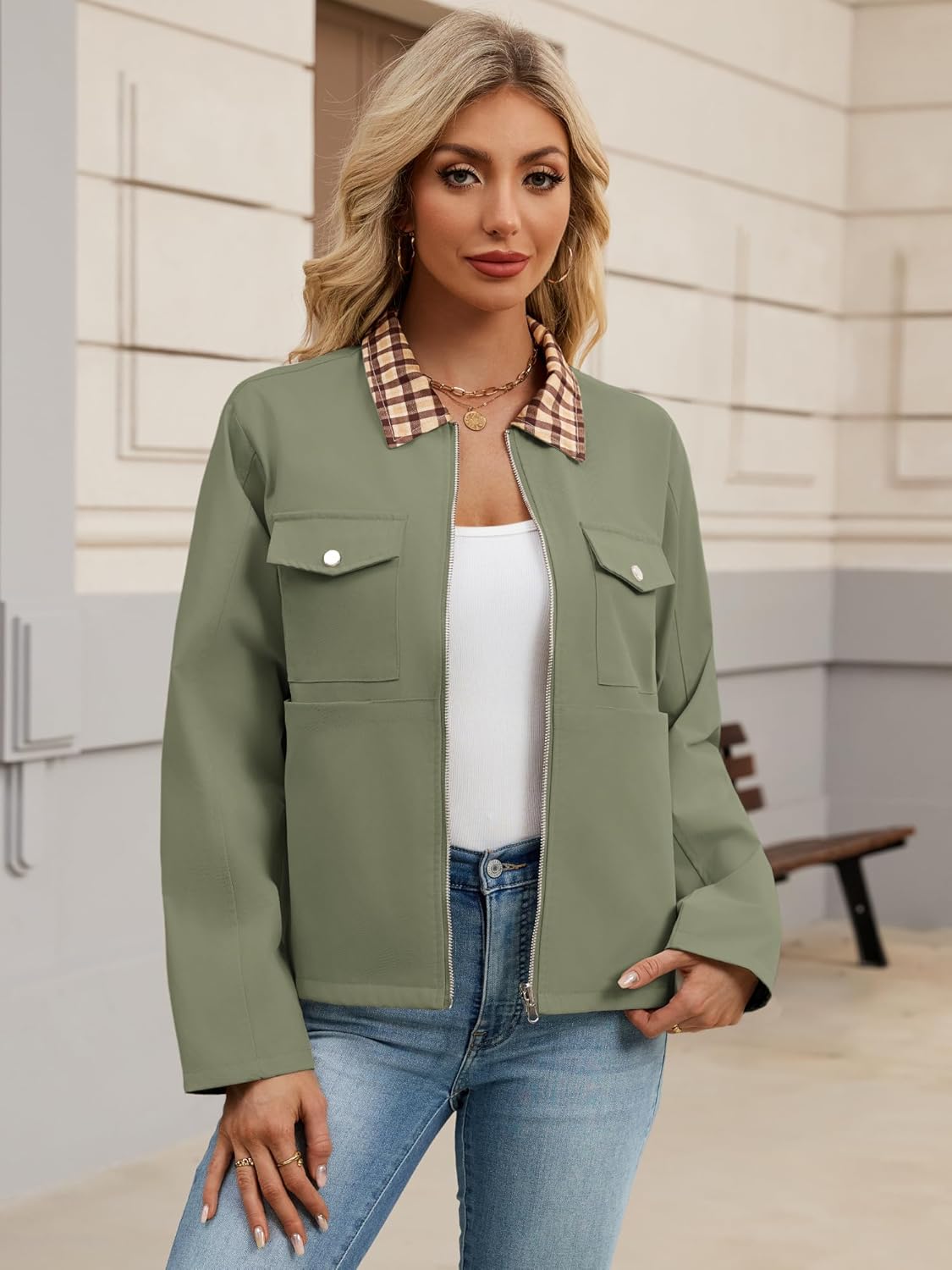 Womens Plaid Casual Barn Jacket 2026 Long Sleeve Zip Up Spring Outfits With Pockets - Image 2