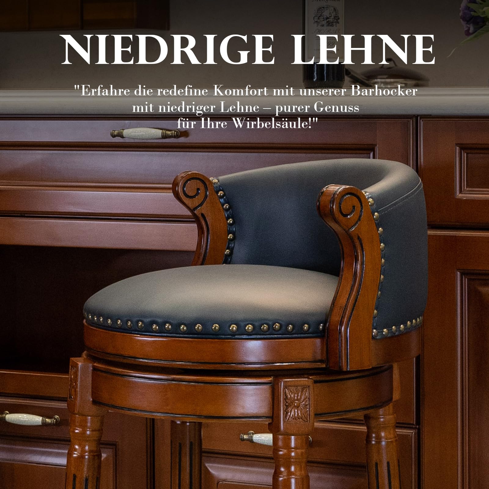 Cow top Leather Wooden Bar Stools, 29.5" Counter Height Bar Chair with Back, 180 Degrees Swivel Barstools Chair for Home Kitchen Counter ,Dining Room, Restaurant,Study and Pub,1pc (Dark Blue) - 4