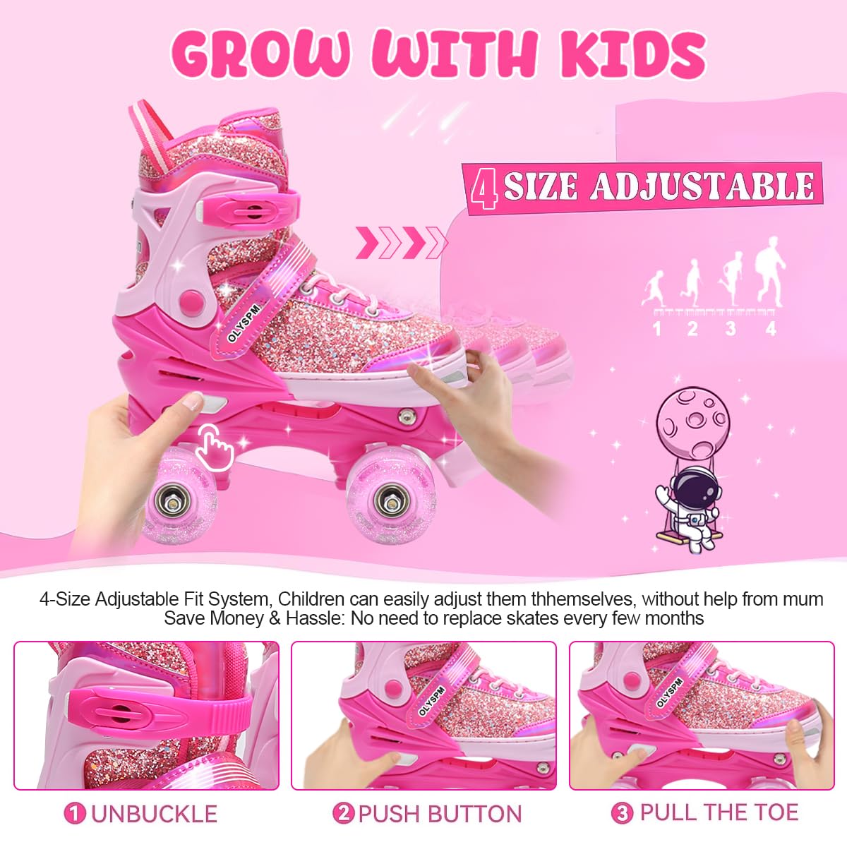 Roller Enfant Fille,Empeigne Fluorescente,4 Taille Réglable,Patin a Roulette Fille avec 8 Roues Lumineuses de Rangement pour Enfants,Adolescents,Débutants