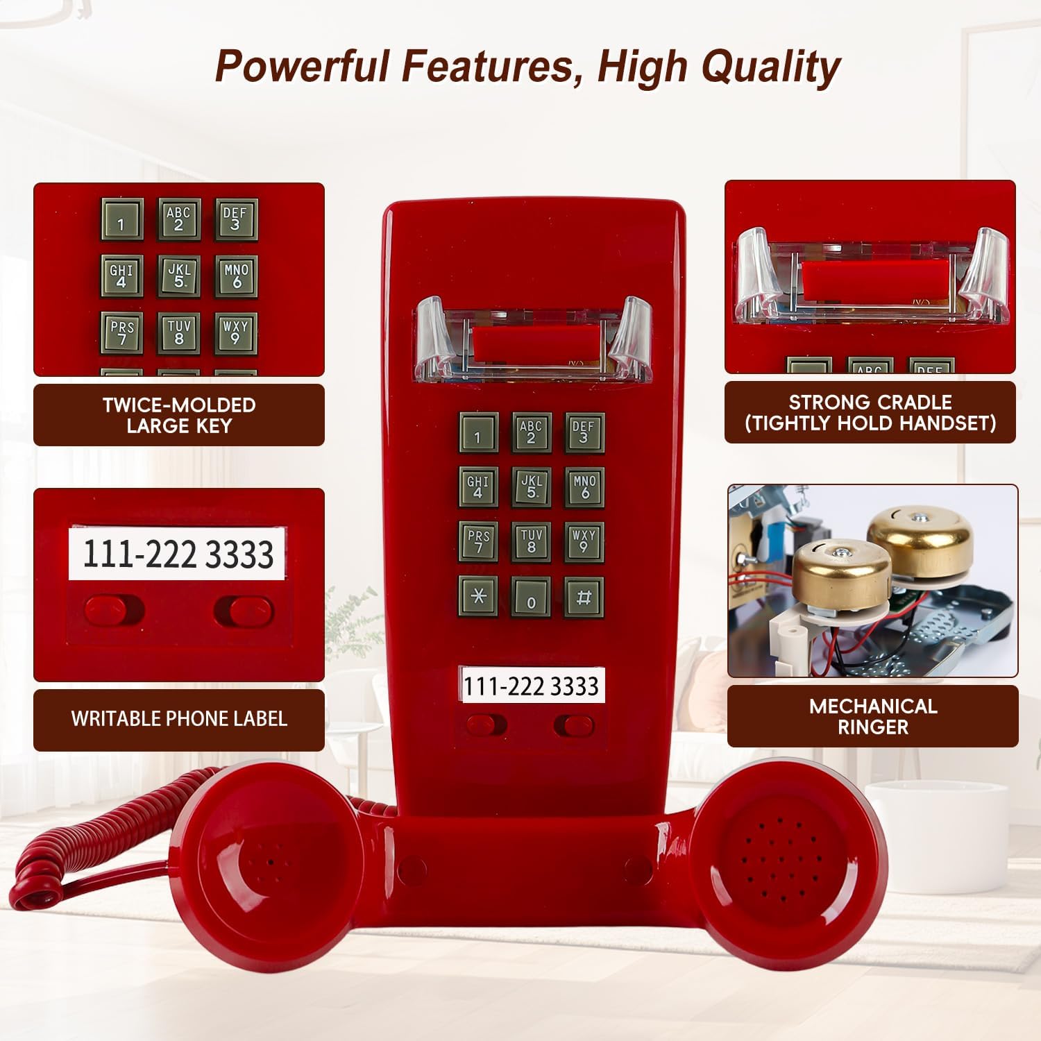 Retro Wall Phone Landline Ringer On/Off, Updated 2544 Wall Telephone,Vintage Wall Mounted Telephone Metal Base, Old Wall Phones for Landline, Backup Wall Phone for Home, Kitchen,Red