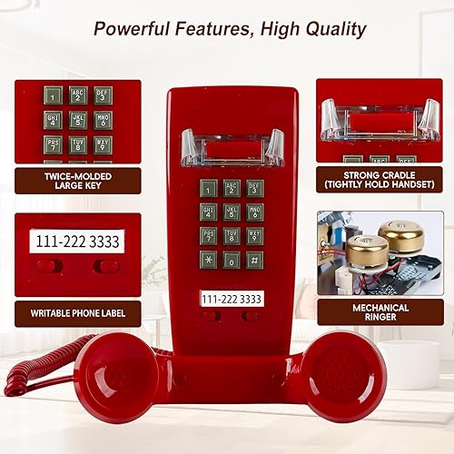 Miniatura 2 de Teléfono de pared clásico retro, teléfono fijo con cable vintage, plástico beige, timbre mecánico, línea eléctrica, operación de una sola línea