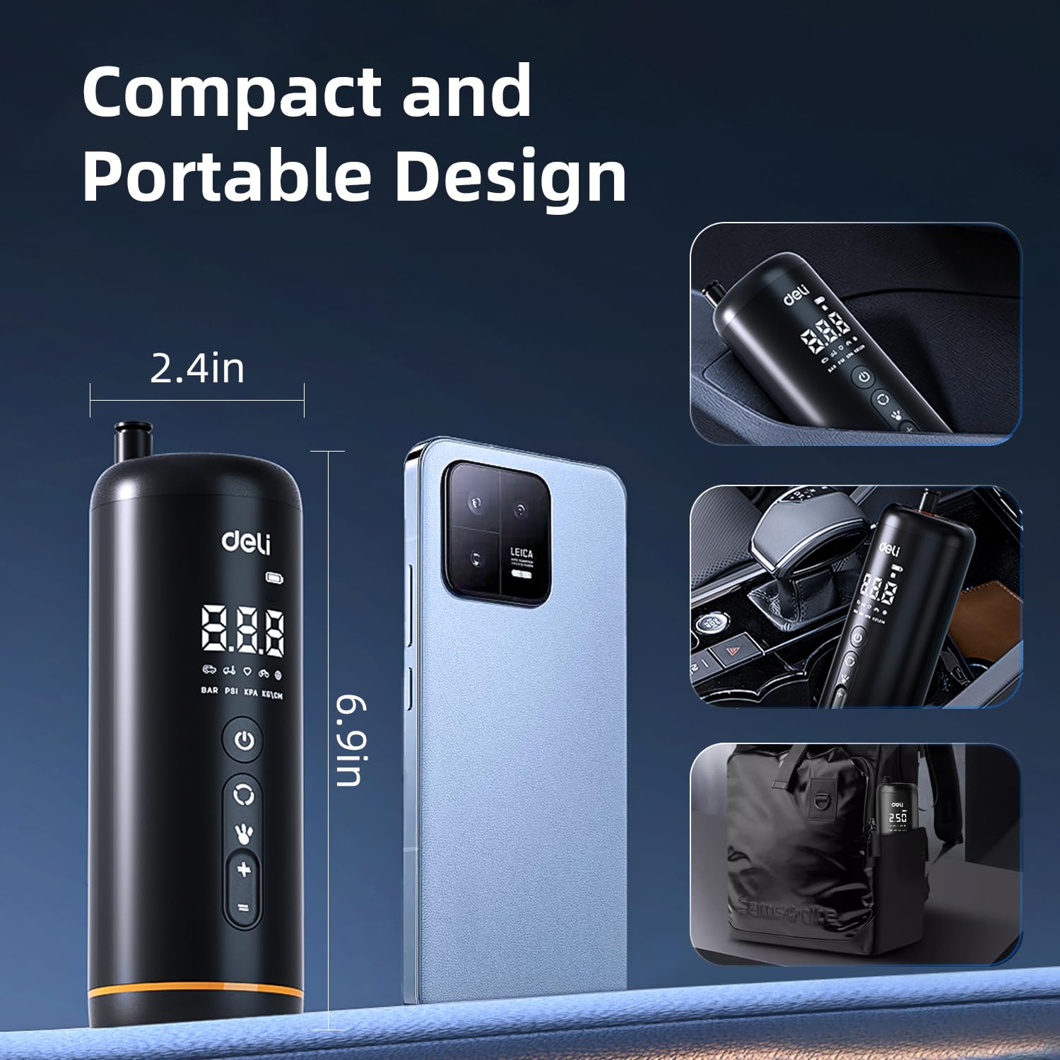 Deli Compresseur d'air portable sans fil avec batterie de 5400 mAh, pompe à pneu de 150 PSI pour pneus de voiture, moto et vélos avec double écran LED, noir