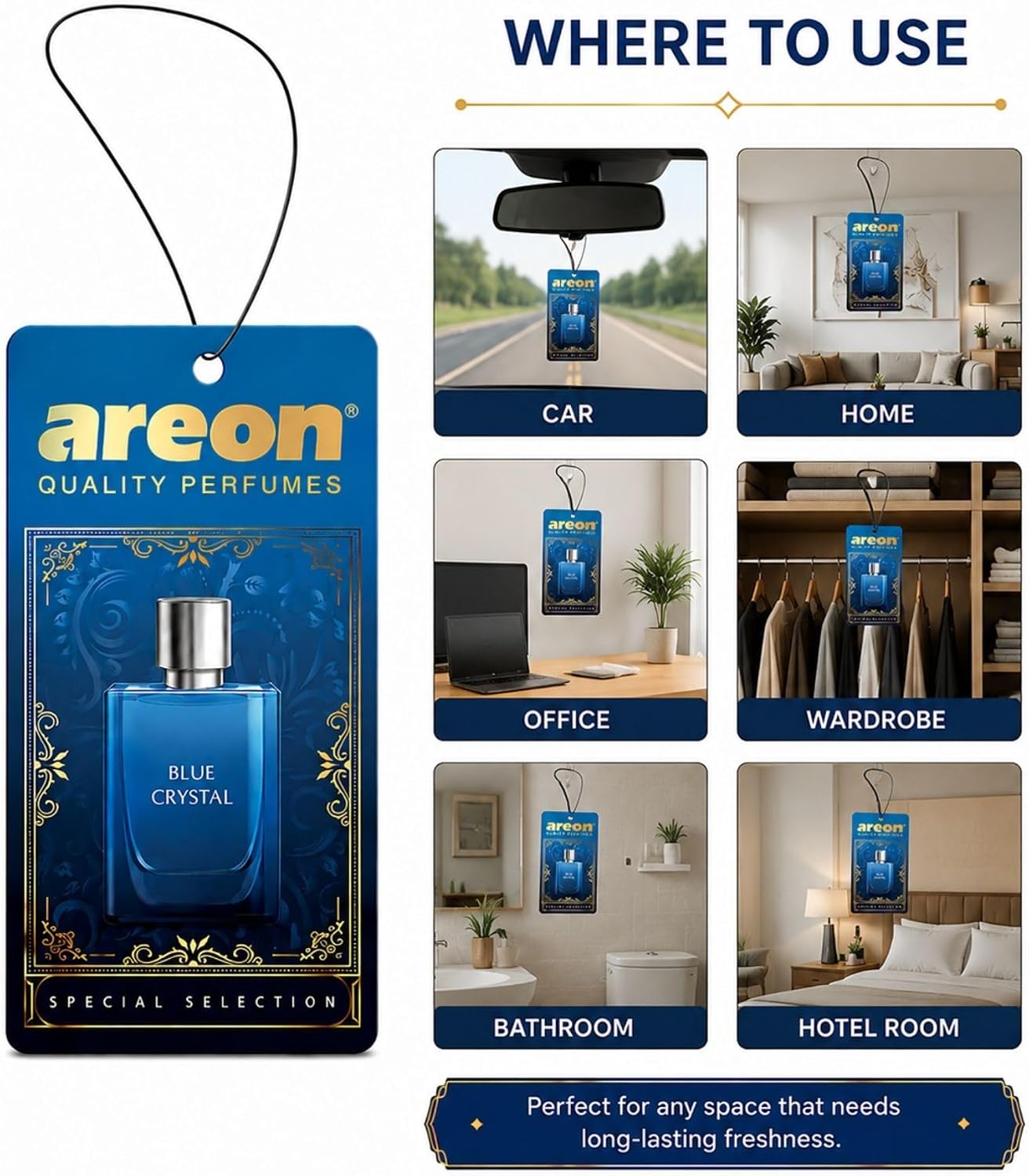 AREON Luxury Blue Crystal SS03 Car Hanging Air Freshener - Premium Vehicle Air Freshener, Long Lasting Car Perfume, Elegant Hanging Fragrance for Interior Odor Control - (Pack of 3)
