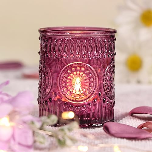 Miniatura 2 de DARJEN Juego de 36 portavelas votivas moradas de vidrio a granel para velas de té, velas votivas en relieve para centros de mesa de boda, fiesta y