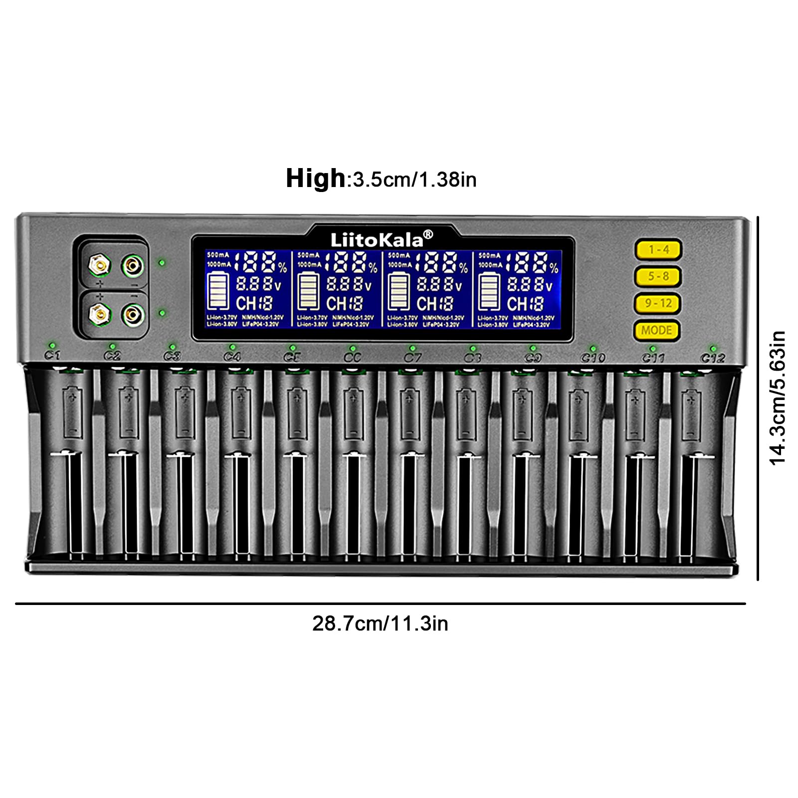 Szybka ładowarka akumulatora LCD 12-gniazdowa uniwersalna IMR/ICR LiFePO4 Ni-MH/Cd 18650 21700 26650