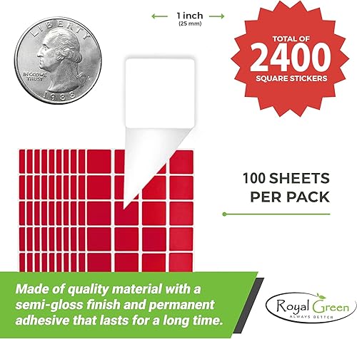 Miniatura 2 de Royal Green Etiquetas adhesivas cuadradas para todo uso de 1 pulgada - Etiqueta autoadhesiva 1 x 1, rojo 0.984 in - Paquete de 2400