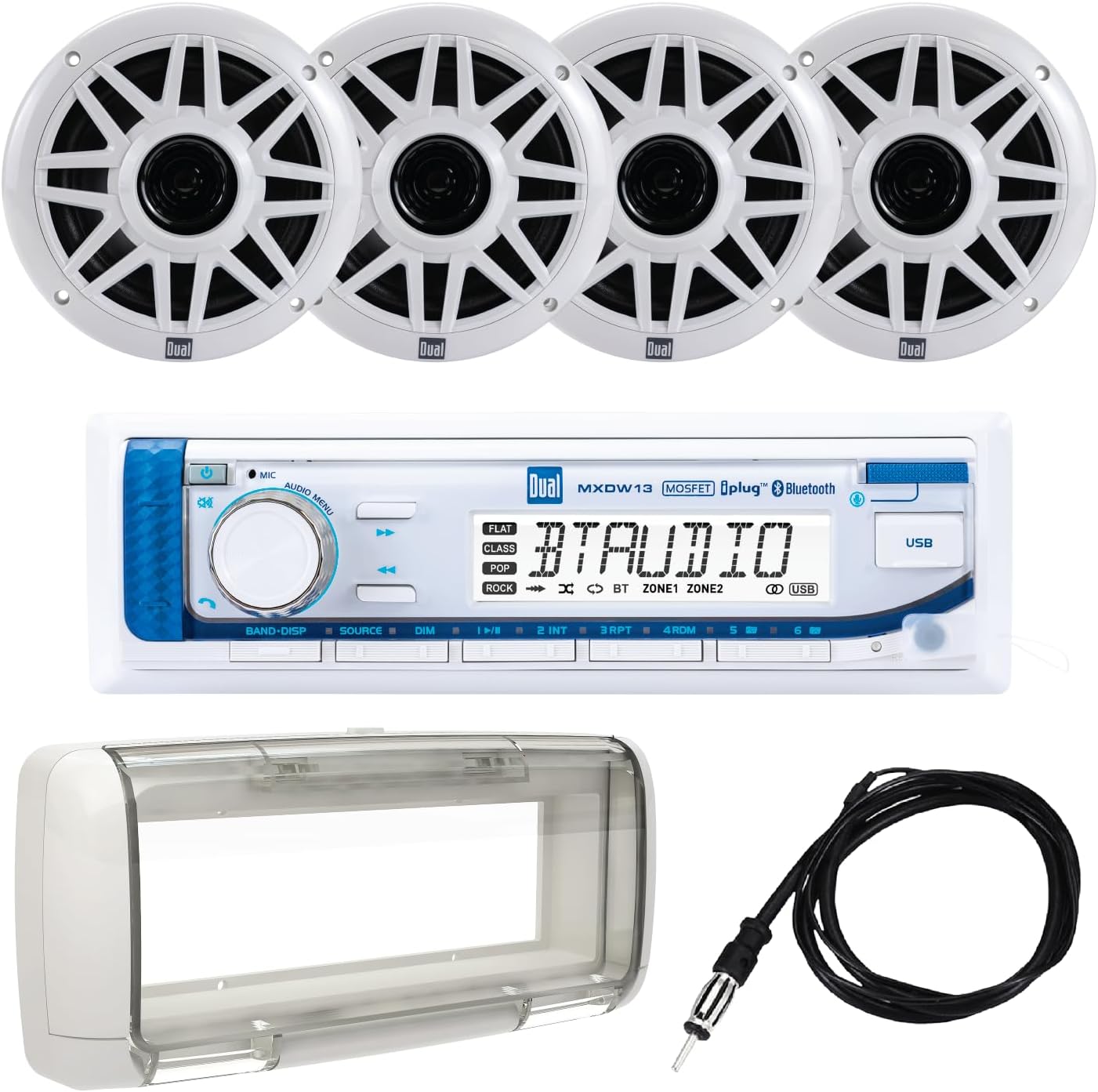Dual Electronics MXP154SG Marine Radio | AM/FM Digital Media Receiver with Built-in Bluetooth | (4) 6.5 Marine Stereo Speakers | Splashguard | Antenna | USB Playback with 2.1A Fast Charging | White
