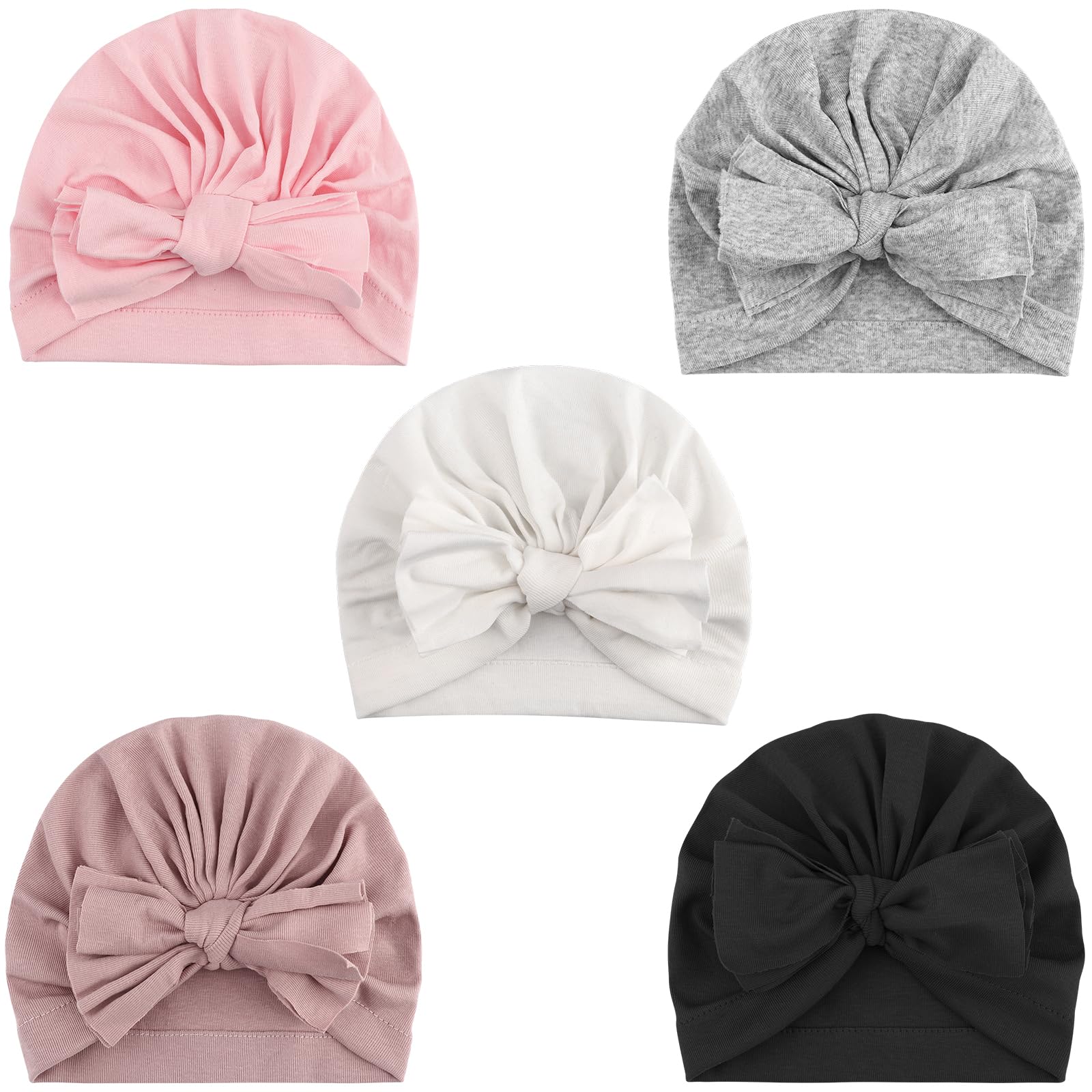 DRESHOW 5 Pieces Baby Turban Hats Turban Bun Knot Infant Beanie Baby Girl Soft Cute Toddler Cap