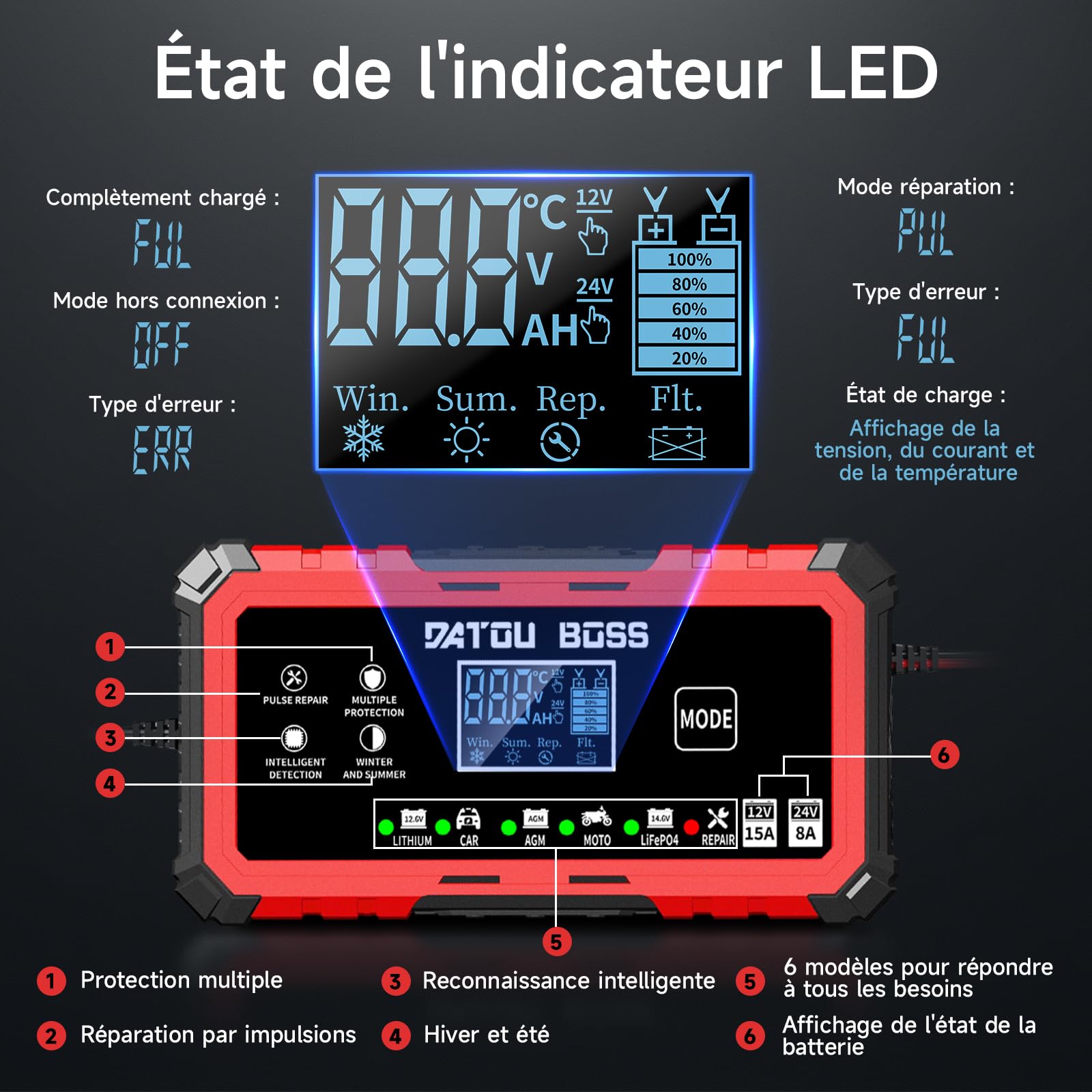 DATOUBOSS Chargeur de Batterie Voitures 15A 12V/24V, Chargeur Voiture avec Réparation & Compensation Température, pour Voiture Moto Bateau, pour LiFePO4 Plomb-Acide AGM Gel (12V 15A/24V 8A)