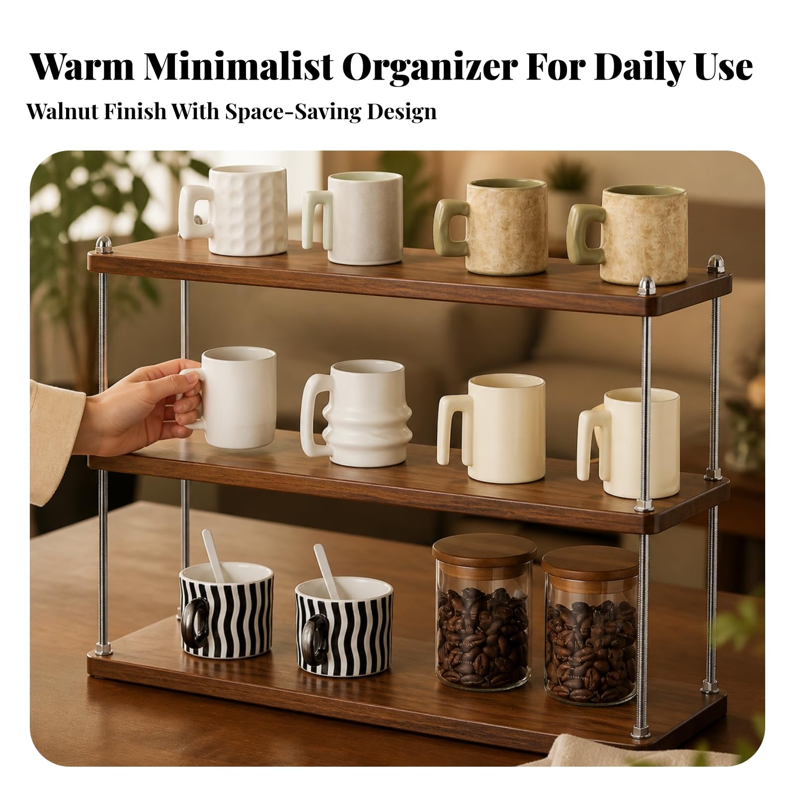 Scaffale a Ripiani Regolabile Elegante Rack da Tavolo con Finitura Finitura Legno Saldispazio Tazze per Caffè, Piano, L