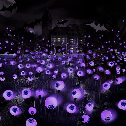 Flumy Decoraciones de Halloween al aire libre, paquete de 2 luces solares de jardín, luces solares de hadas, 16 luces LED impermeables para
