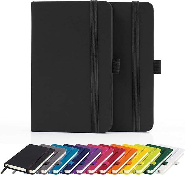 2 x Double Pack A6 Notebook New Lined Pocket Hardback Small Journal with Pen Loop, Elastic Closure and Ribbon Marker 196 Pages / 98 Sheets Notepad Note Book Notes Pad (Black)