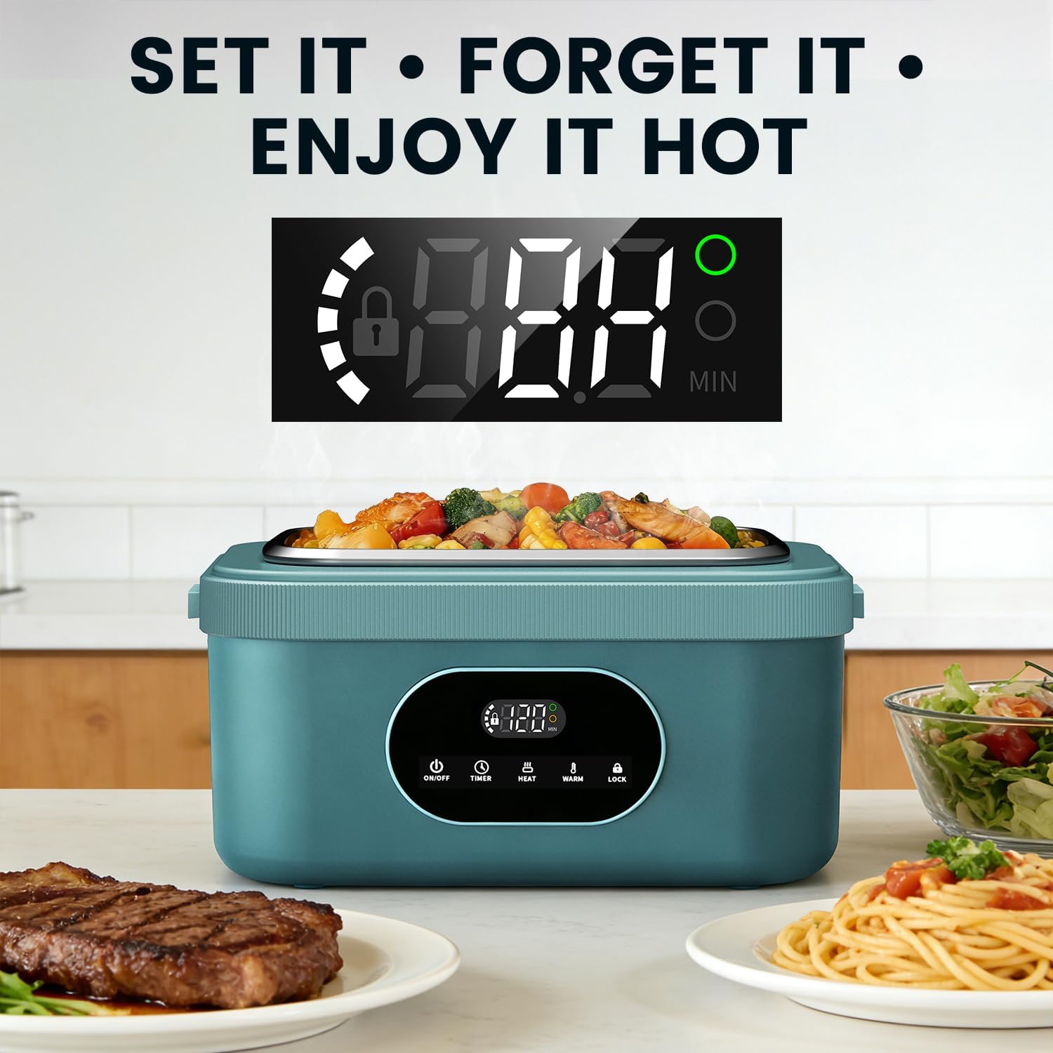 Heated Lunch Box for Adults, 24000mAh Cordless Electric Lunch Box, Rechargeable Portable Food Warmer with Timed Heating&Reverse Charging, Double 1.5L Stainless Steel Containers for Car Office Camping