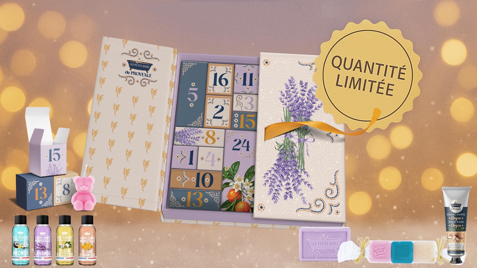 Calendario de Adviento Les Petits Bains de Provence - 24 Cuidados de Bienestar y Perfumes - Geles de Ducha, Jabones, Velas, Accesorios - Fabricado en Francia