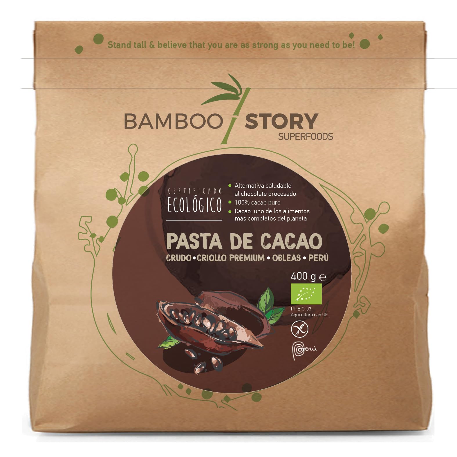 Crudo | BAMBOO STORY | Pasta Cacao en Obleas | Criollo | Ecológico/BIO | 100% Cacao | Sin Azúcar | 400 g | Origen 100% Perú