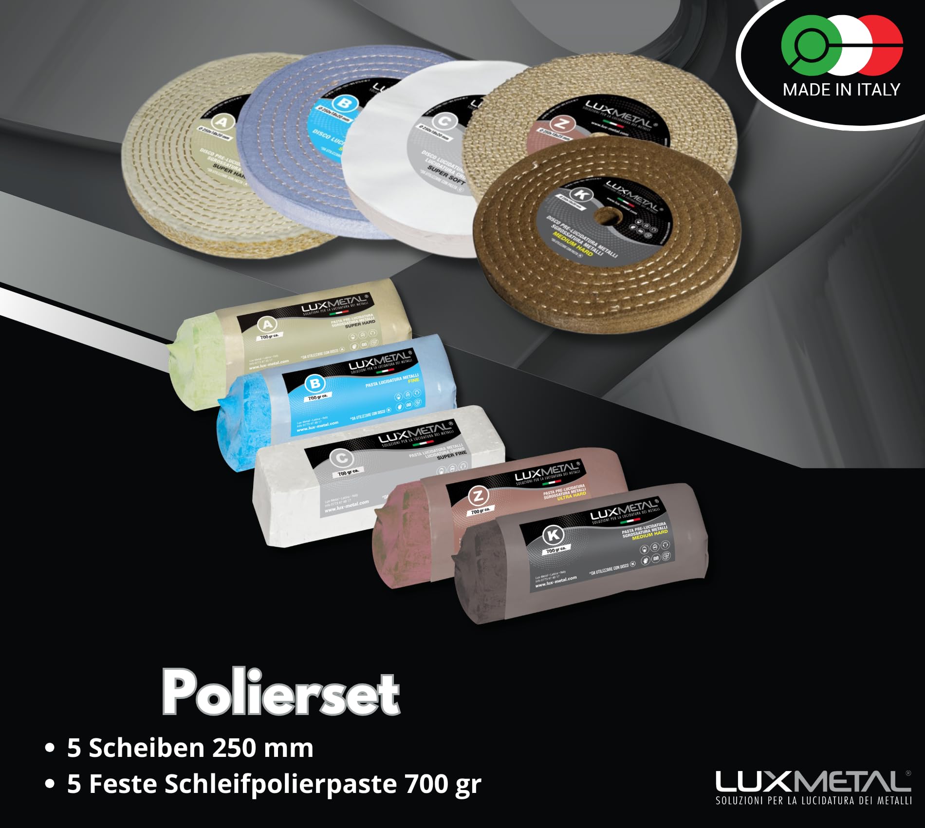 Lux Metal 5 Polierscheibe 250 mm 5 polierpaste 700 g set DIY kit Polierset Schleifpaste Metall, Aluminium, Bank Poliermaschine, Edelstahl, Messing, Kupfer, Holz, Kunststoff, schleifmaschinen messer