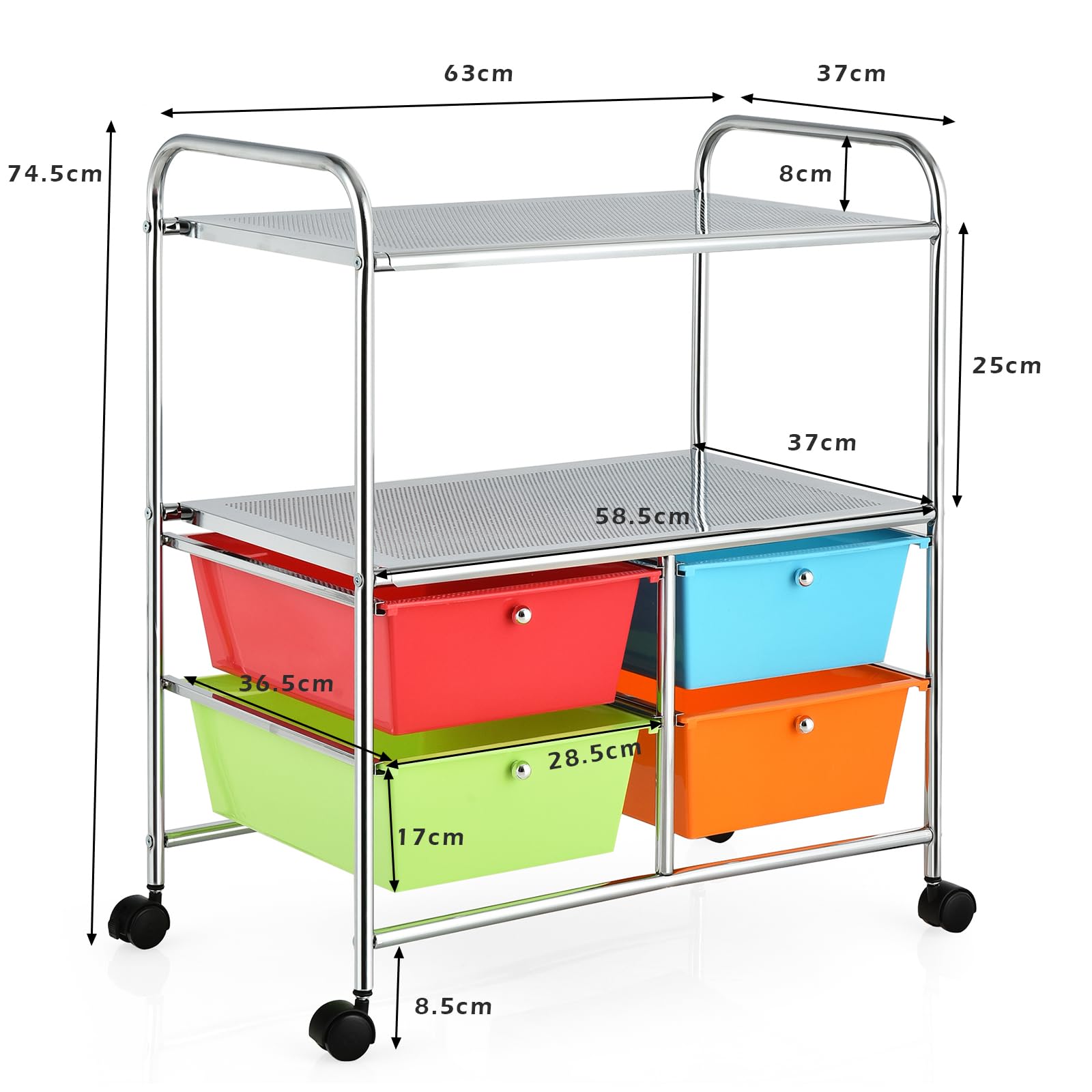 GOPLUS Chariot de Rangement 3 Niveaux avec 4 Tiroirs, Tour de Rangement à roulettes, Cadre en Acier, pour Chambre, Bureau, 63 x 37 x 74,5 CM, Multicolore
