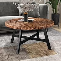 RANDEFURN Hand-Woven Seagrass Round Coffee Table, Gold X-Base Solid Pine Wood Frame, Easy Assembly, 32x17 Inches for Living Room