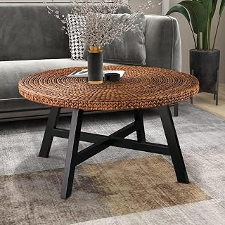 RANDEFURN Hand-Woven Seagrass Round Coffee Table, Gold X-Base Solid Pine Wood Frame, Easy Assembly, 32x17 Inches for Living Room