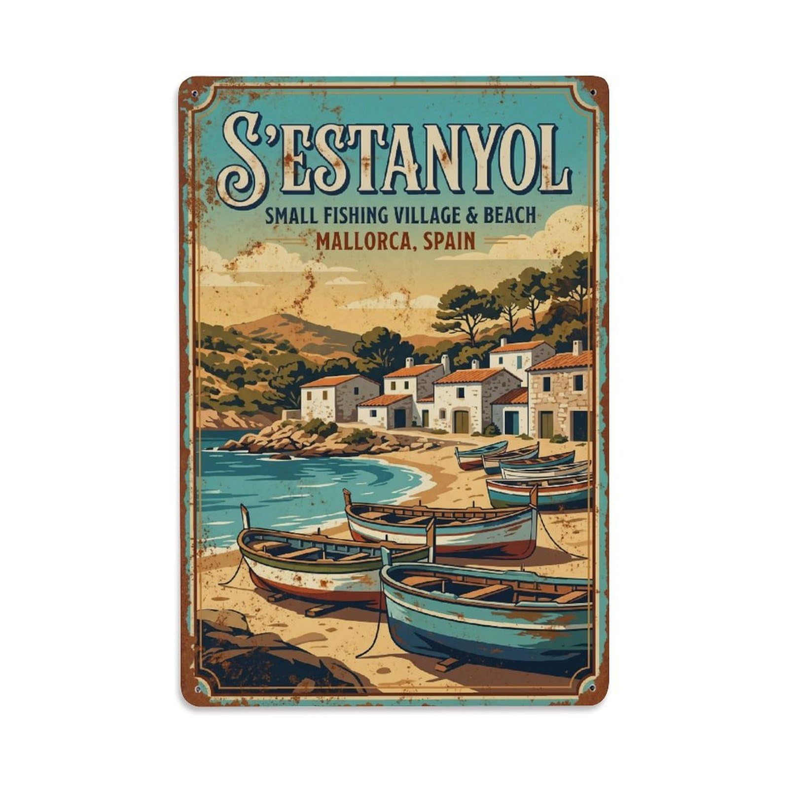 Vintage Travel Estanyol Mallorca Spain Cartography Cityscape Metal Tin Sign Plaque Wall Decor for Cafe, Man Cave, Club Bar, Office, Home Garden Round Metal Poster 8x12Inch
