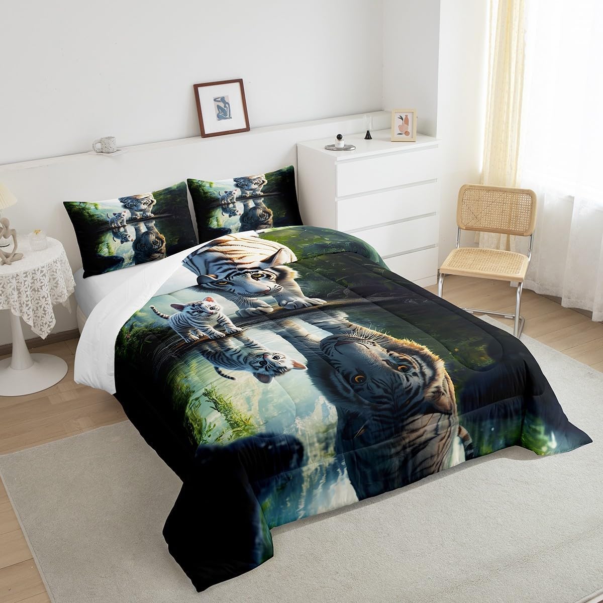 White 3D Tiger Comforter Set Toddler Size Tropical Jungle Wildlife Bedding Set Kids Bedroom Decor Chinese Style Animal All Season Quilt Set Natural Lake Landscape Bedding Comforter Sets,2Pcs