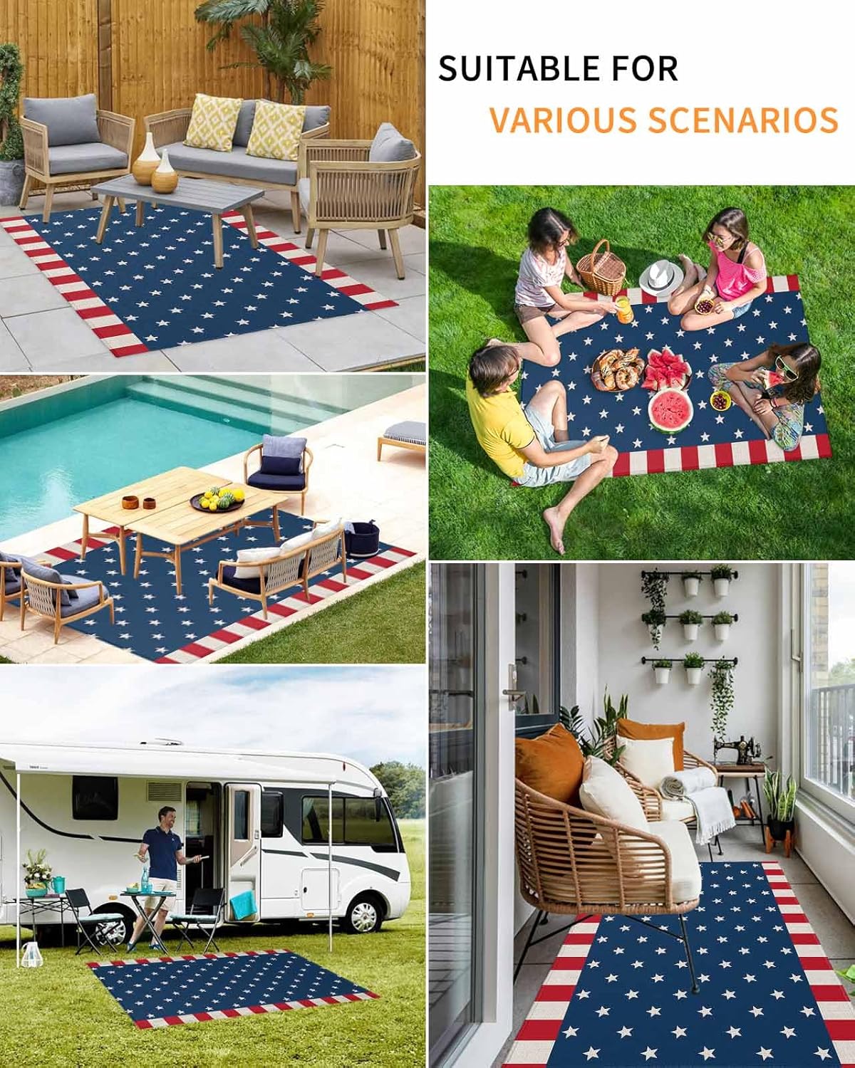 Independence Day American Flag Outdoor Rug for Patio/Deck/Porch, Non-Slip Large Area Rug 5 x 8 Ft, White Star Red Stripes Indoor Outdoor Rugs Washable Area Rugs, Reversible Camping Rug Carpet Runner