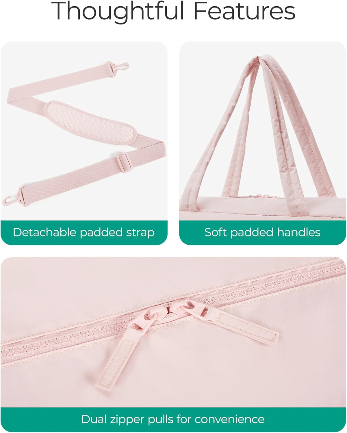 BAGSMART Gym Bag for Women, Lightweight Puffer Duffle Bag 2-PC Travel Bag, 31L Weekender Overnight Bag Quilted Carry On Tote Bag, Diaper Hospital Dance bag for Travel, Gym, Water Resistant, Pink - Image 6