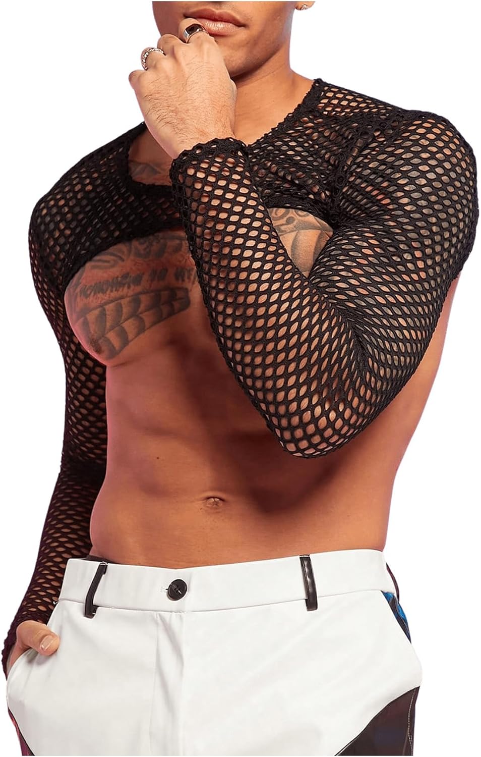 WDIRARA Men's Fishnet Sheer Mesh Long Sleeve T-Shirt Crop Top Slim Fit Party Tee Tops