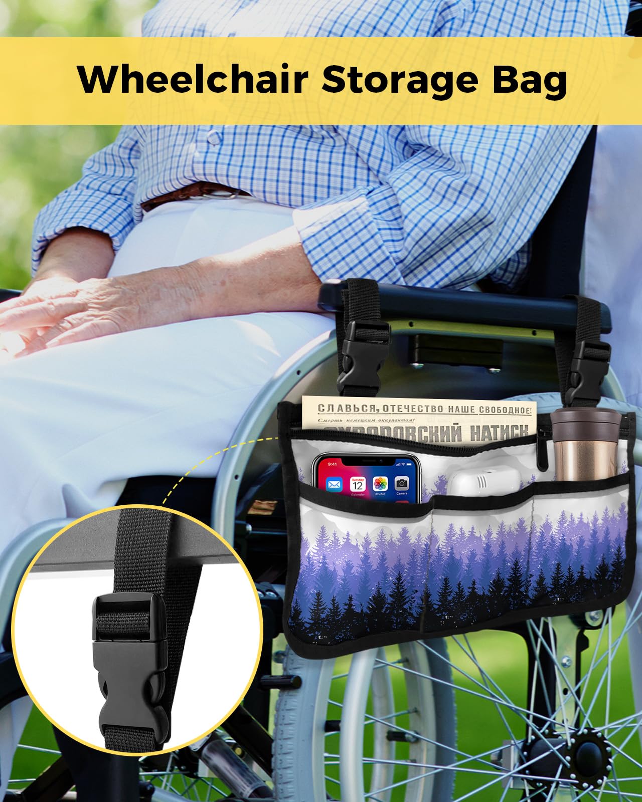 Purple Ombre Forest Wheelchair Side Bag Walker Bag, Silhouette Trees Wheelchair Accessories Armrest Pouch, Organizer Storage Bag for Walkers, Rollators, Scooters, 7.3''x13''