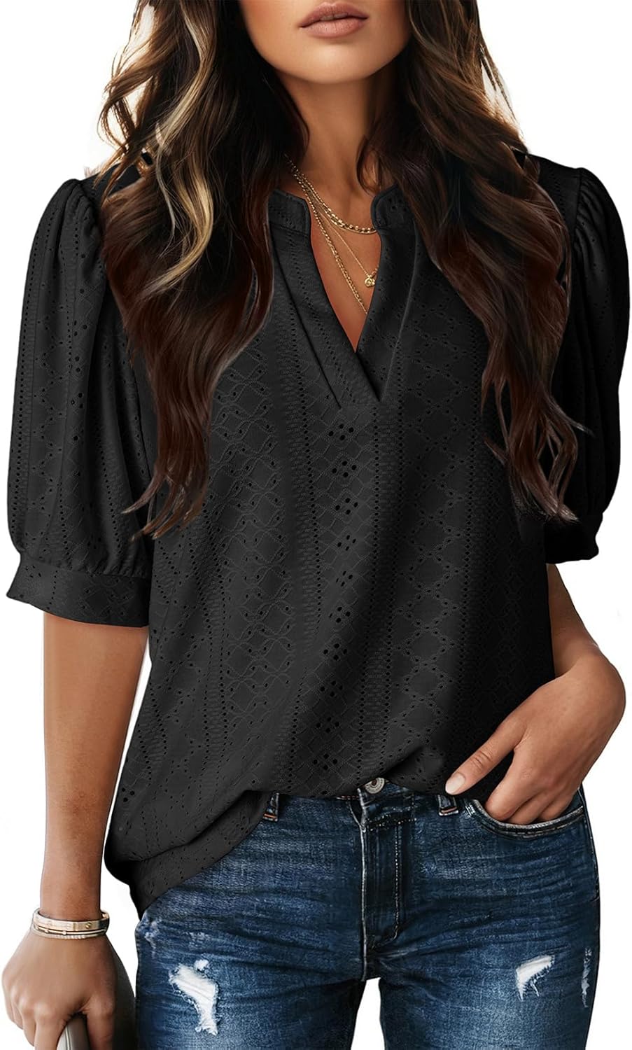 Dokotoo Womens Summer Business Casual Blouses V Neck Short Sleeve Shirts Hollow Out Cute Lace Tops