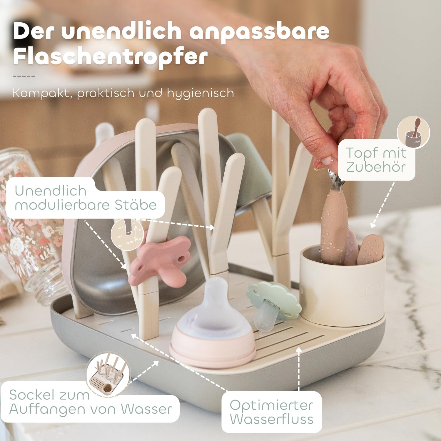 BÉABA Flaschen- und Kindergeschirrabtropfer – Großes Fassungsvermögen, Modular, Für bis zu 6 Flaschen, Zubehörbehälter, Optimierter Wasserablauf, Platzsparend & Praktisch – Ton