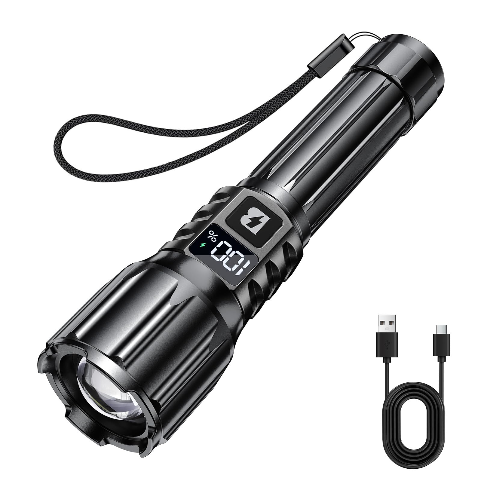 BUCASA Torch Rechargeable, 6000 Lumens Super Bright LED Torch, LCD Display