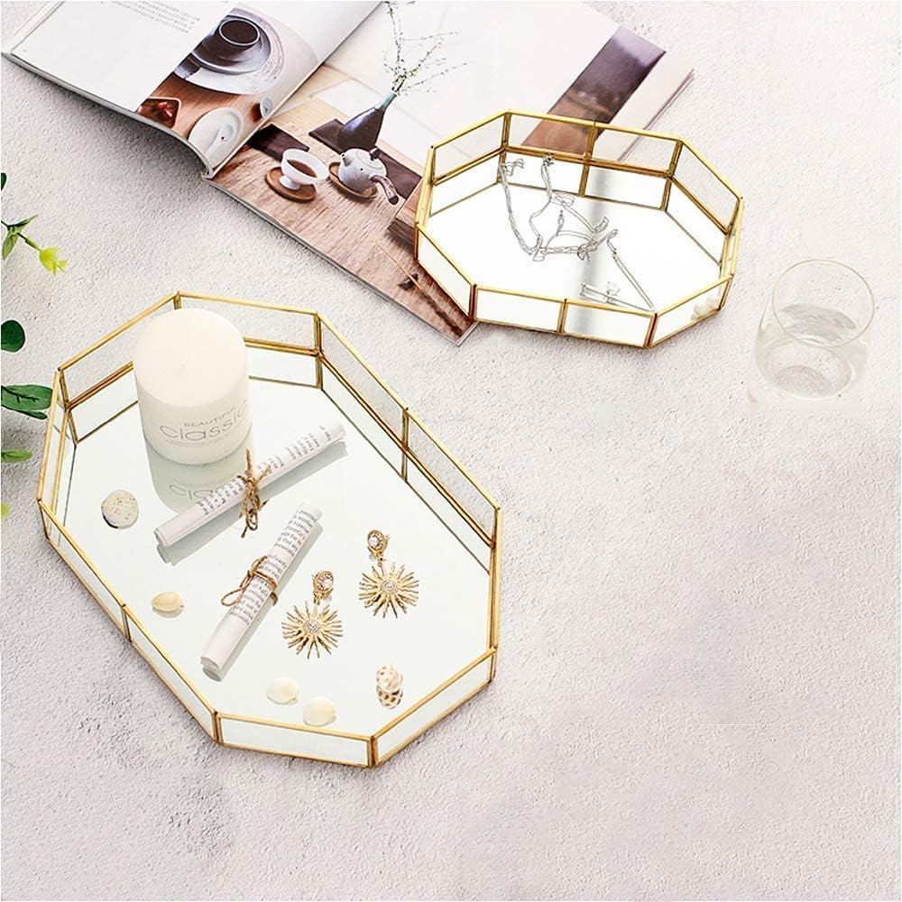 Decorative Metal Mirror Catchall Tray, Glass Vanity Tray, Dresser Tray, Jewelry Display Tray, Vanity Organizer for Accent Table, Gold Leaf Finish, 12.4x8.5x2 inches (Polygon)