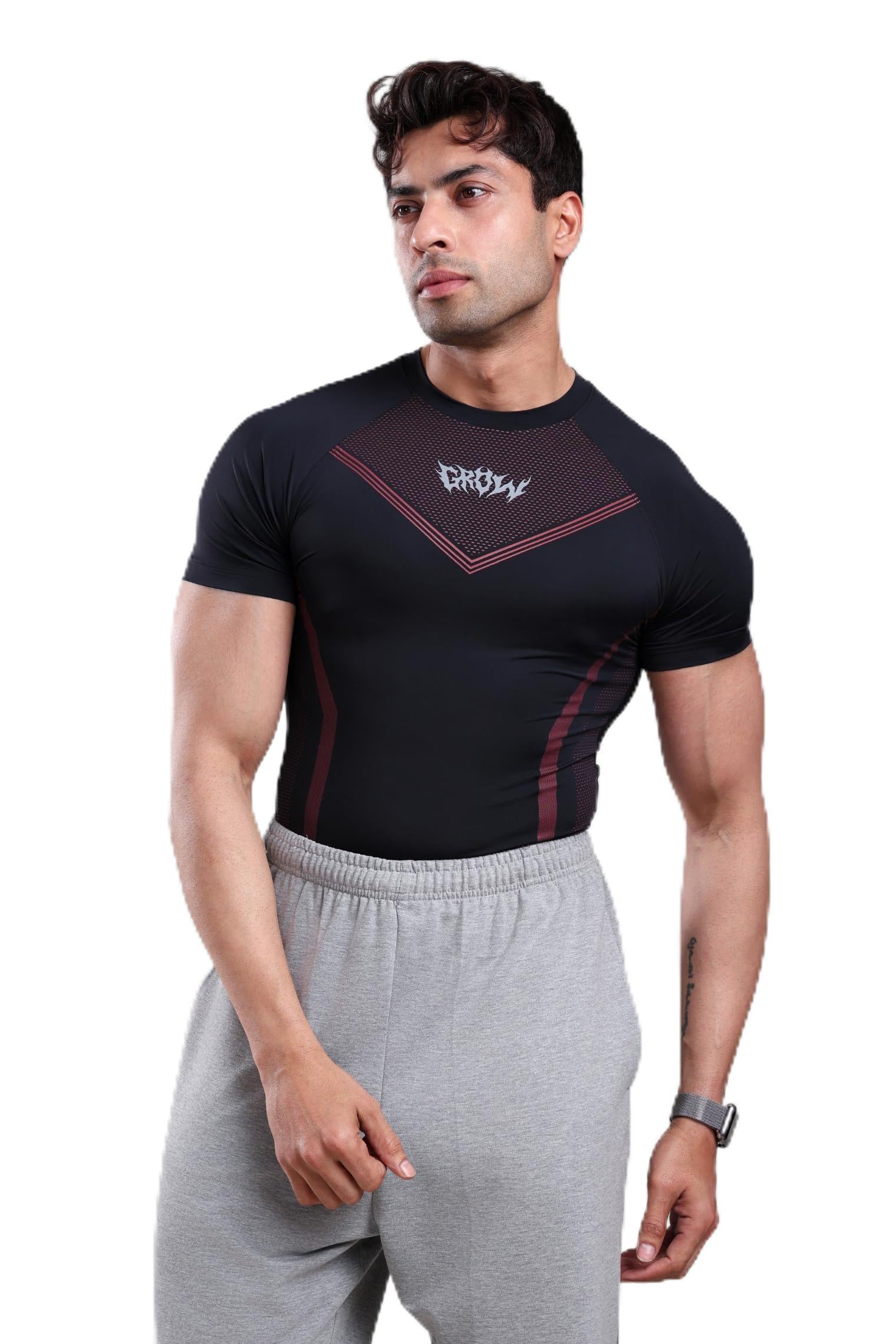 GROW Gym Compression T Shirts for Men Workout | Half Sleeve Athletic Sports Tight Slim Fit Back Printed Tshirt for Men Gym Fitness and Workout-image-10