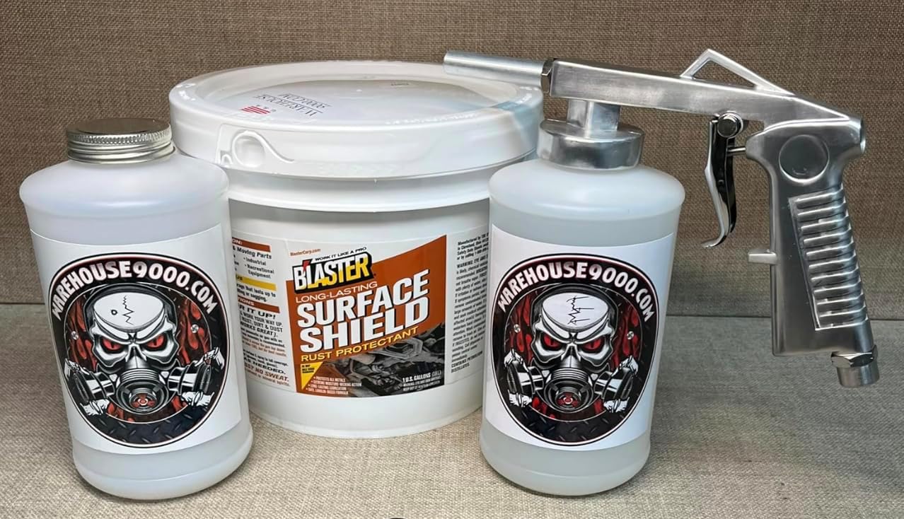 Gallon PB Blaster Surface Shield, Standard Undercoating Spray Gun, and 2 White Quart Bottles