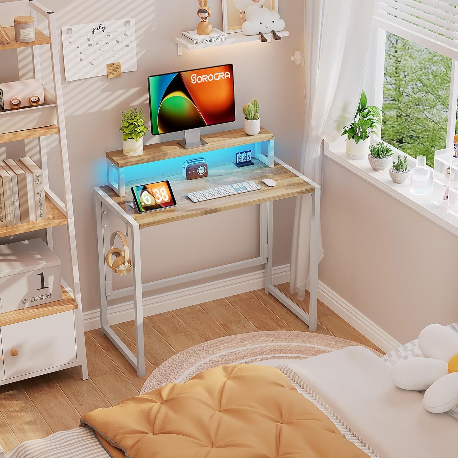 Small Folding Desk 31.5 Inch, Foldable Computer Desks with LED Lights and Monitor Stand, Work Portable Table for Bedroom Home Office, Oak