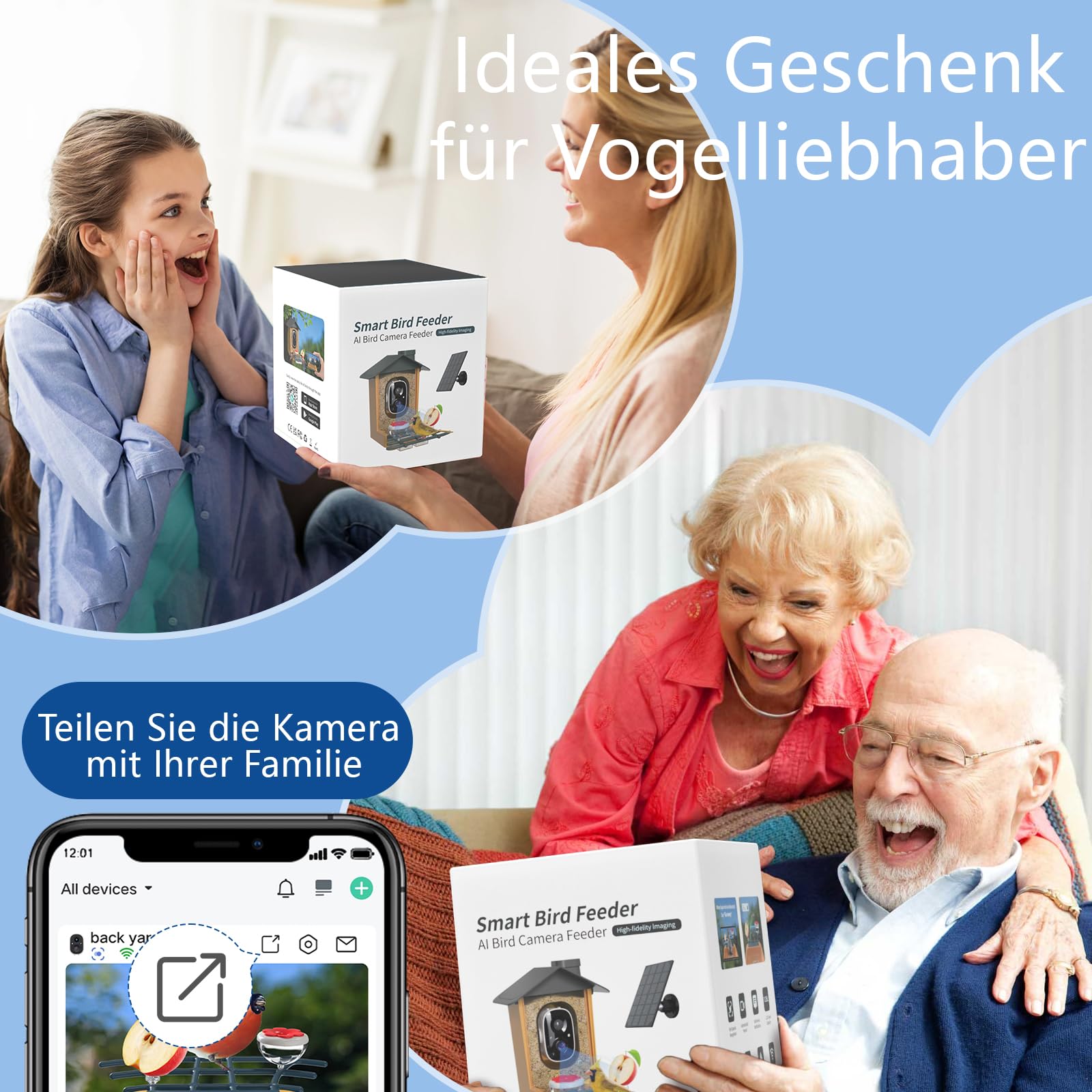 Vogelfutterhaus mit Kamera 2K HD Vollfarbe Nachtsicht KI Vogelerkennung Sofortiger Benachrichtigung Automatisch Aufnahme von Vogelvideos, Vogelhaus mit Kamera Solarbetrieben