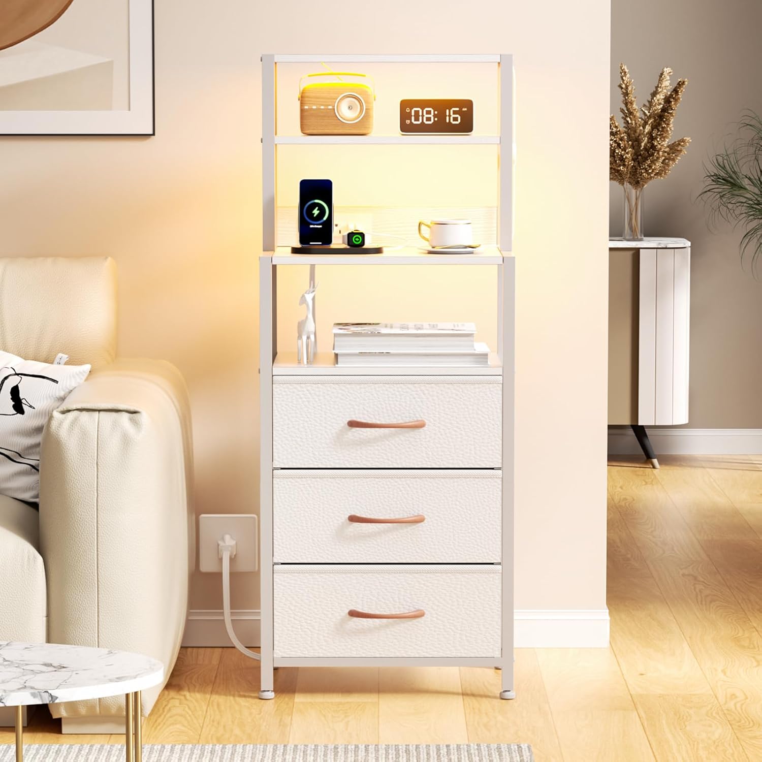 Furnulem Tall Nightstand, Bedside Night Stand with Bookshelf, Nightstand Bedside Table Furniture, Sturdy Steel Frame, Wood Top