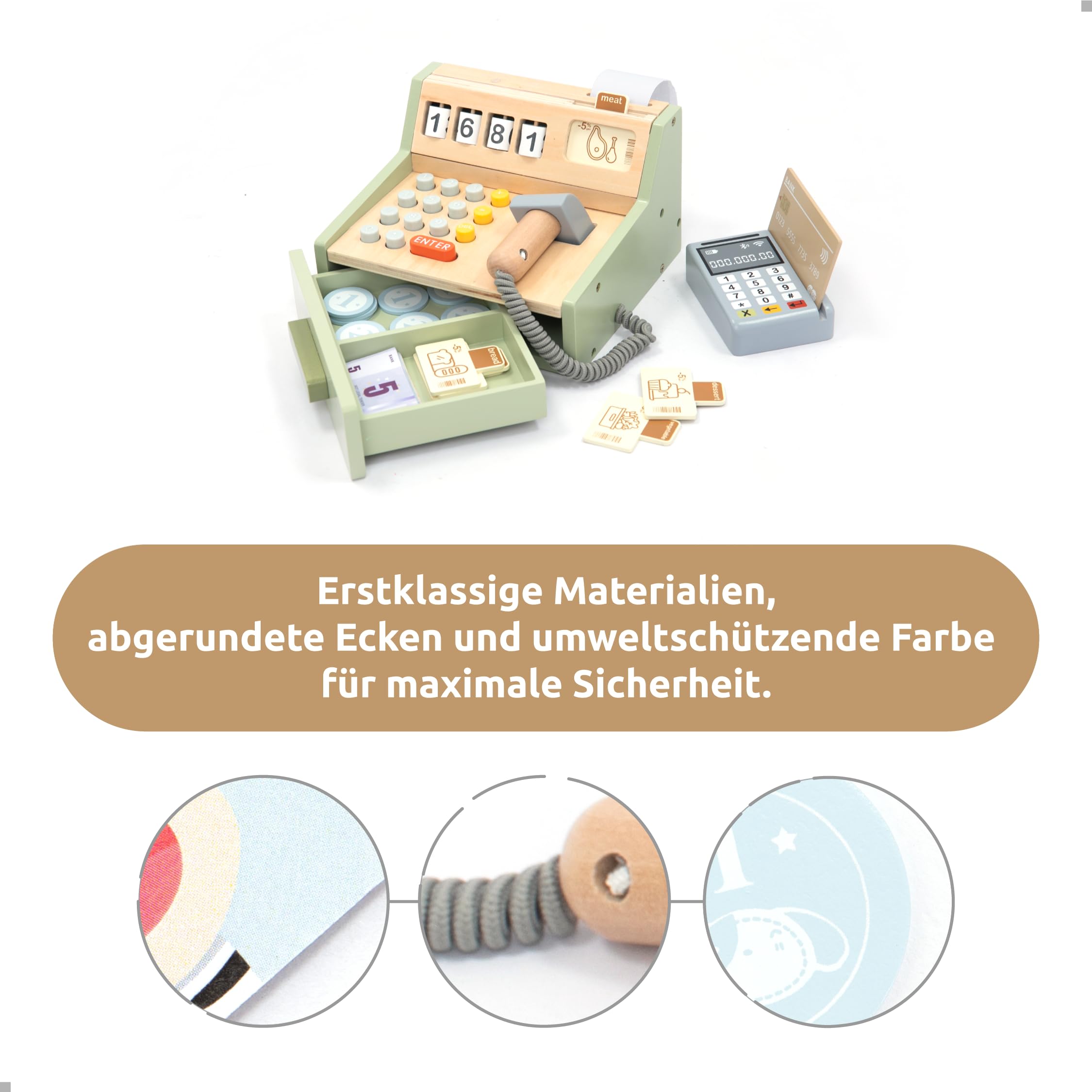 UMU® Kinder Kasse aus Holz - inkl. Scanner, Zahlungsterminal, Spielgeld usw., Kaufladen Zubehör für Rollenspiele, Spielkasse für Kinder ab 3 4 5 6 Jahren
