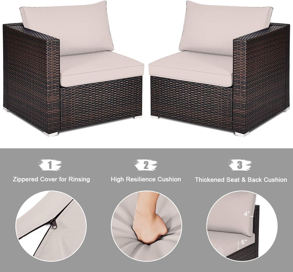 HAPPYGRILL 2 Pieces Patio Sofa Set Rattan Wicker Corner Sofa Set with Zippered Cushions for Backyard Balcony Porch Garden Poolside