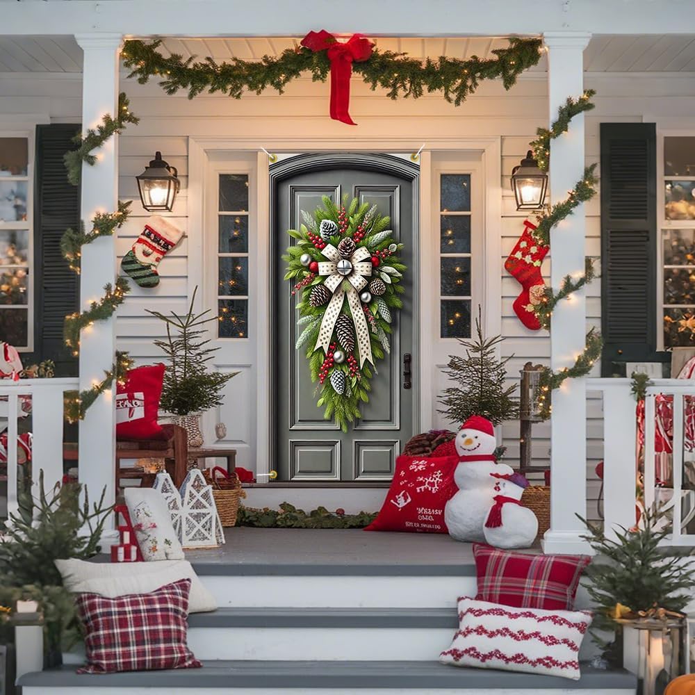 Christmas Pine Swag Snowy Pinecone Berry Bell Door Cover 35x71in