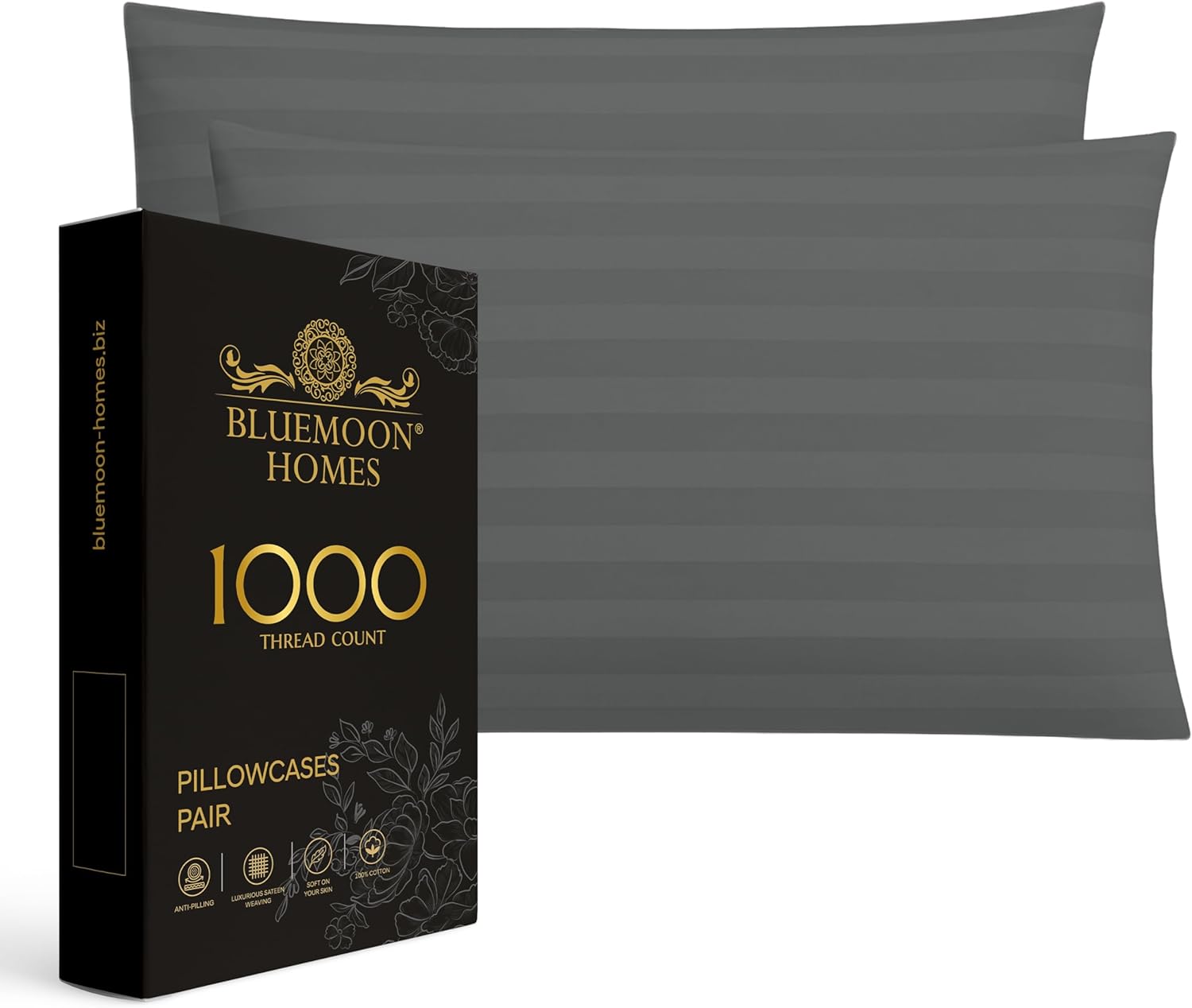 100% Cotton Striped Pillowcases Queen Luxurious Hotel Style Pure Egyptian 800 Thread Count Solid Single Ply Soft Sateen Weave 2 Piece Set Queen Size Pillowcase (Dark Grey)