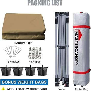 MASTERCANOPY 8x8 Pop Up Canopy Tent, 1 Person Setup Instant Shelter,Outdoor Portable Beach Canopy with Roller Bag, 4 Sandbags, 4 Ropes, 8 Stakes (8x8, Khaki)