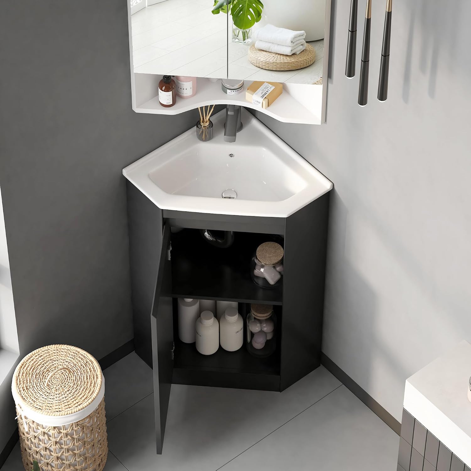 Black 24" Corner Bathroom Vanity with Sink,Small Bathroom Vanity, Ceramic Sink, Freestanding Storage Cabinet, Modern Wall-Mounted Bathroom Vanity for Powder Room,Half Bath (Faucet Not Included)