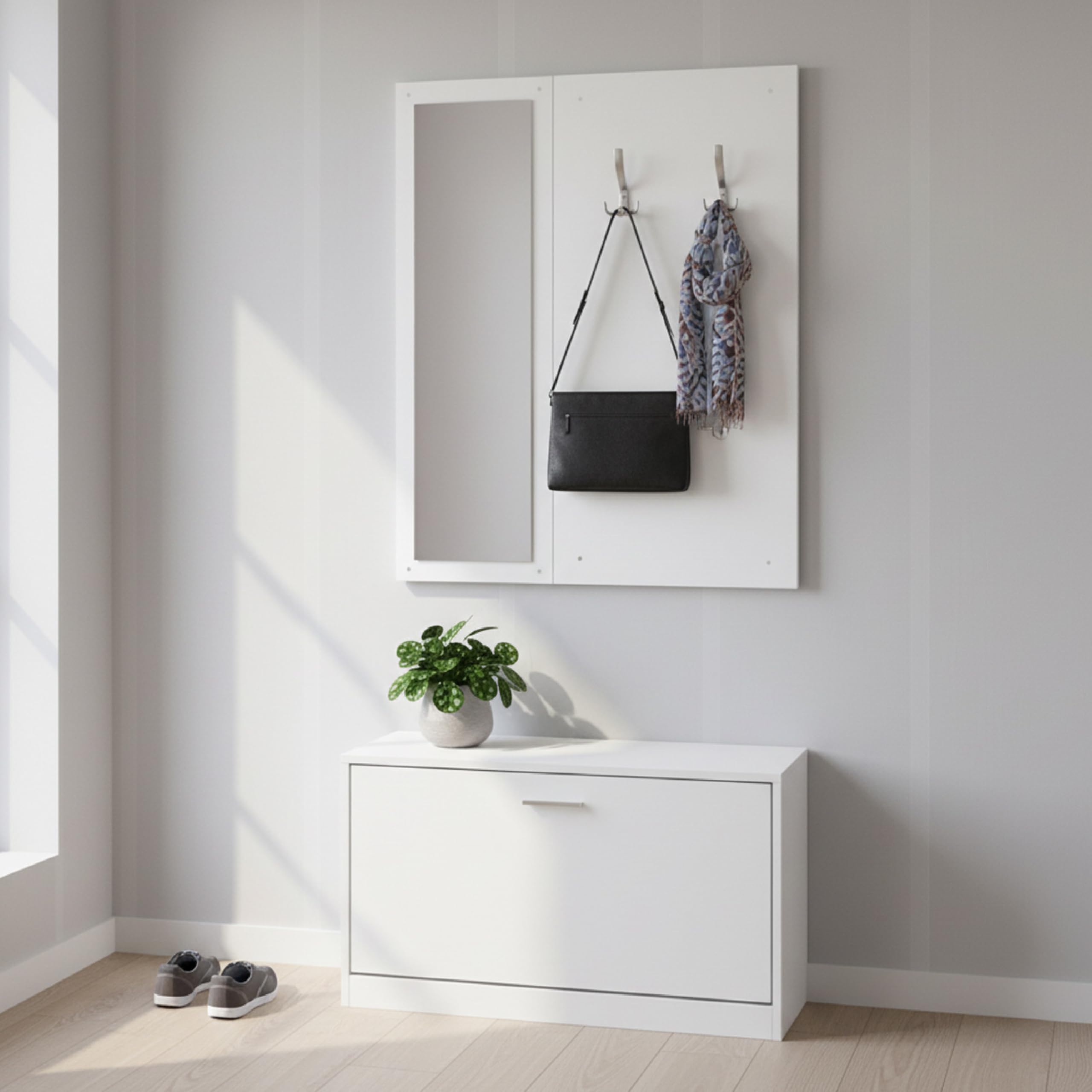 Baroni Home Mobile Bianco Ingresso 3 Pezzi con Scarpiera, Appendiabiti a Muro 4 Ganci e Specchio, Panca Porta Scarpe, Set Modulare Salvaspazio, 27x80x147cm