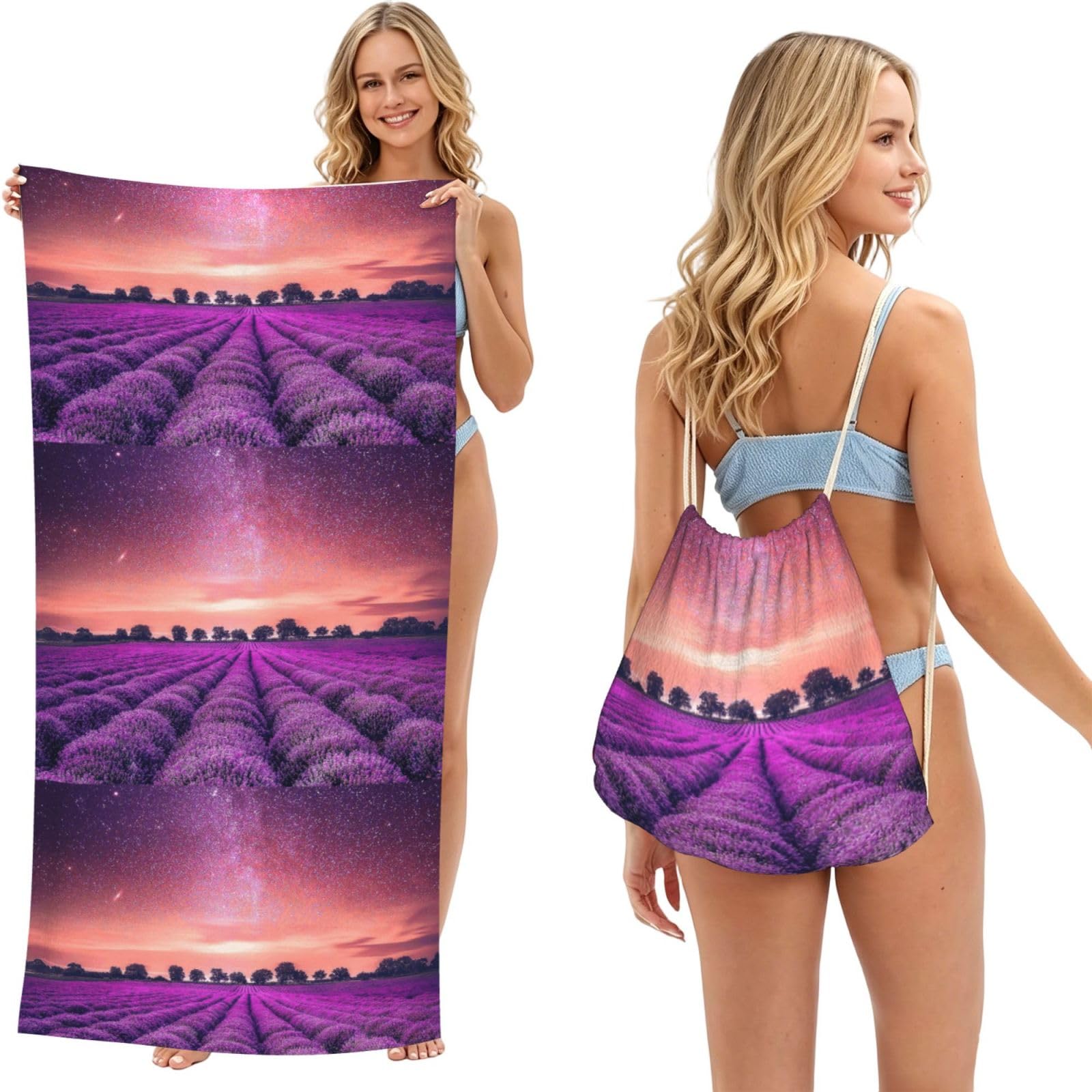 Poadnly As Picture Lavender Fields, 2 In 1 Packable Towel Bag, Beach Towels With Drawstring Backpack For Travel Holiday Camping