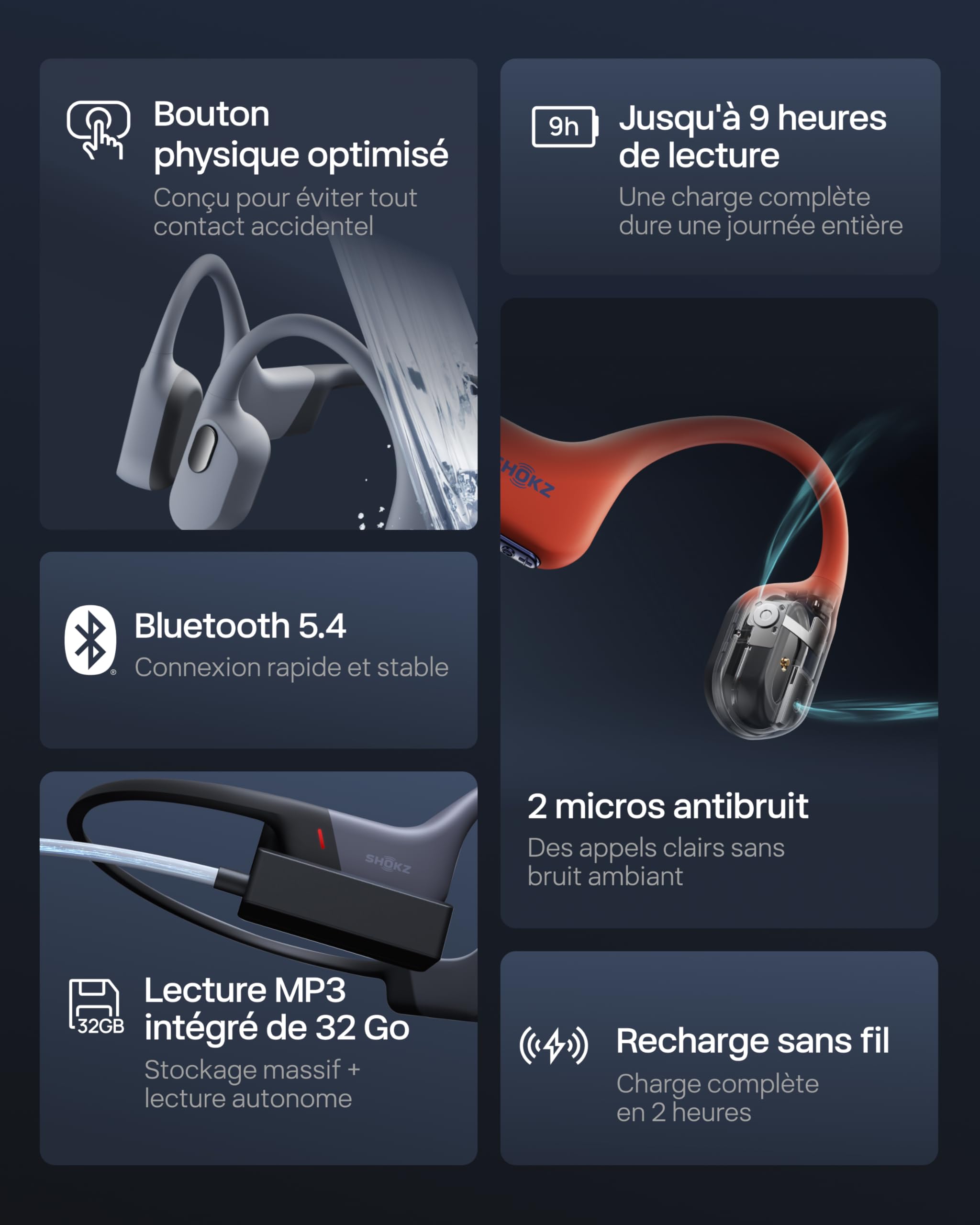 SHOKZ OpenSwim Pro Casque à conduction osseuse, écouteurs sans fil à oreilles libres, IP68, Bluetooth 5.4, stockage MP3 32 Go, micros à annulation de bruit, 9 h d'autonomie pour courir et nager - Gris