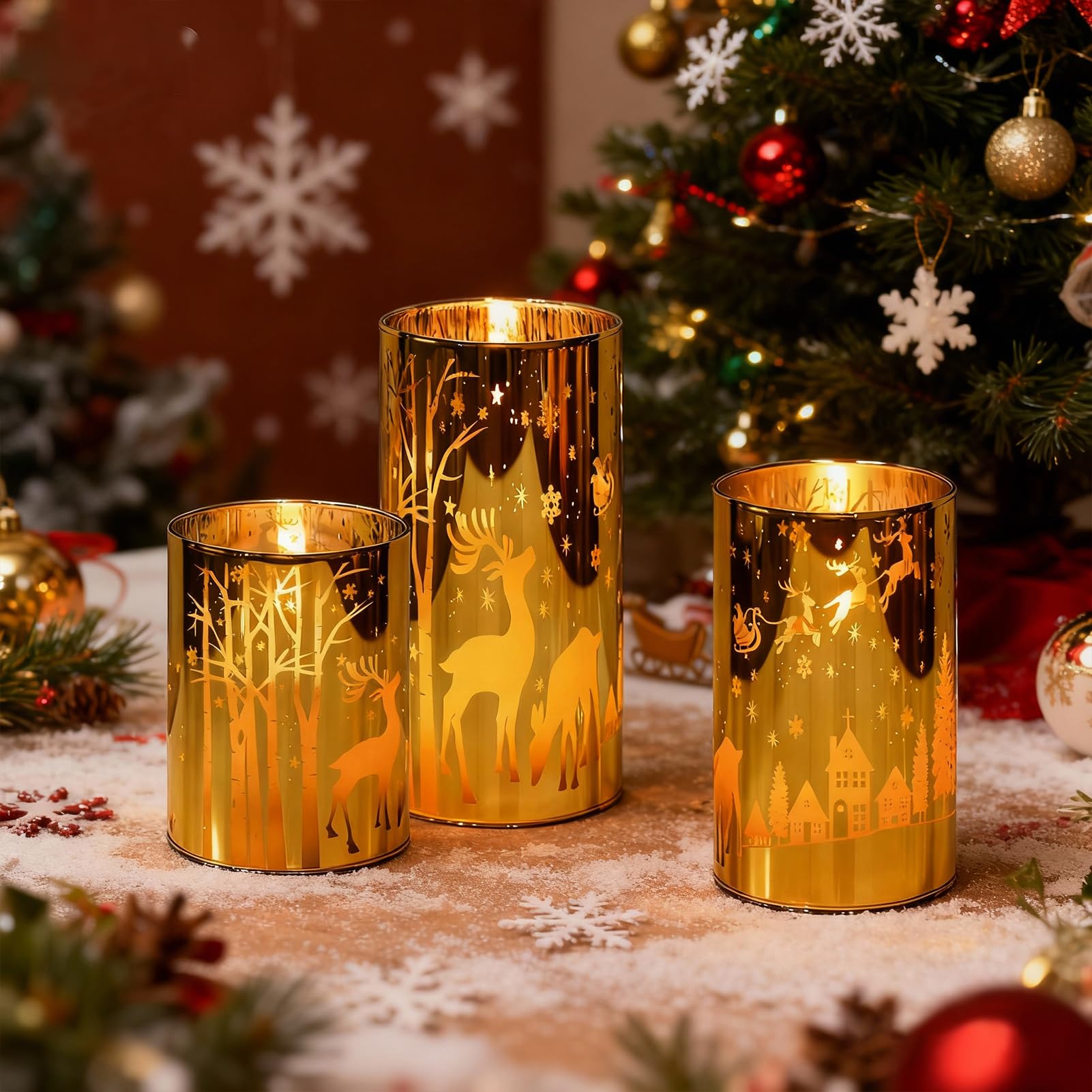 Eldnacele Candele a LED dorate con telecomando e timer, set da 3 candele senza fiamma alimentate a batteria, per decorazioni natalizie e regali, diametro 7,5 cm x altezza 10/12,5/15 cm